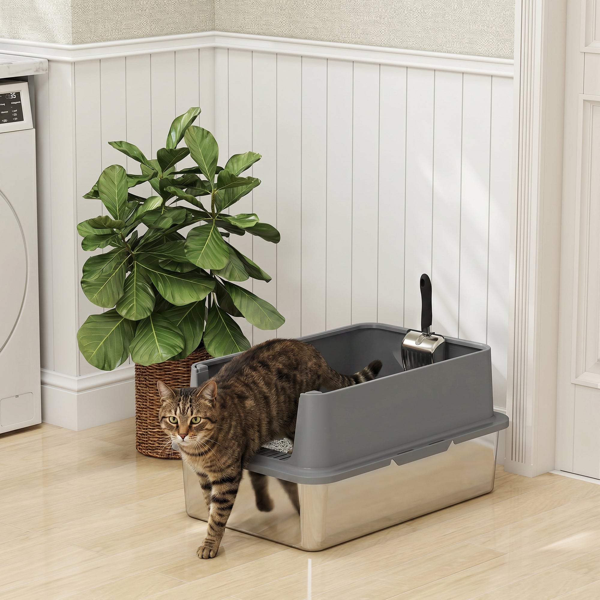 Stainless Steel Cat Litter Box, XL Extra Large Metal Litter Box Pan Tray for Big Cats, High Sided, Anti-Urine Leakage, Easy Cleaning, Non-Sticky, Absorbs Odors, Include Scoop & Pad, Dark Gray
