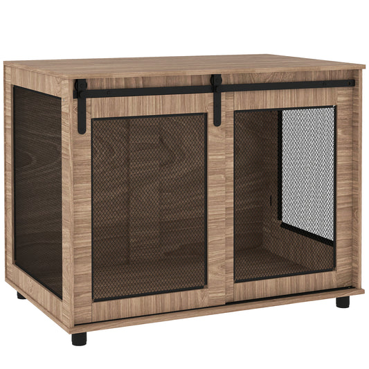 PawHut Dog Crate Furniture, 39" Dog Kennel Furniture End Table with Sliding Barn Door, Dog Cage Table for Large Dogs, Walnut Brown