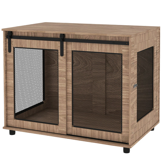 PawHut Dog Crate Furniture, 39" Dog Kennel Furniture End Table with Sliding Barn Door, Dog Cage Table for Large Dogs, Walnut Brown