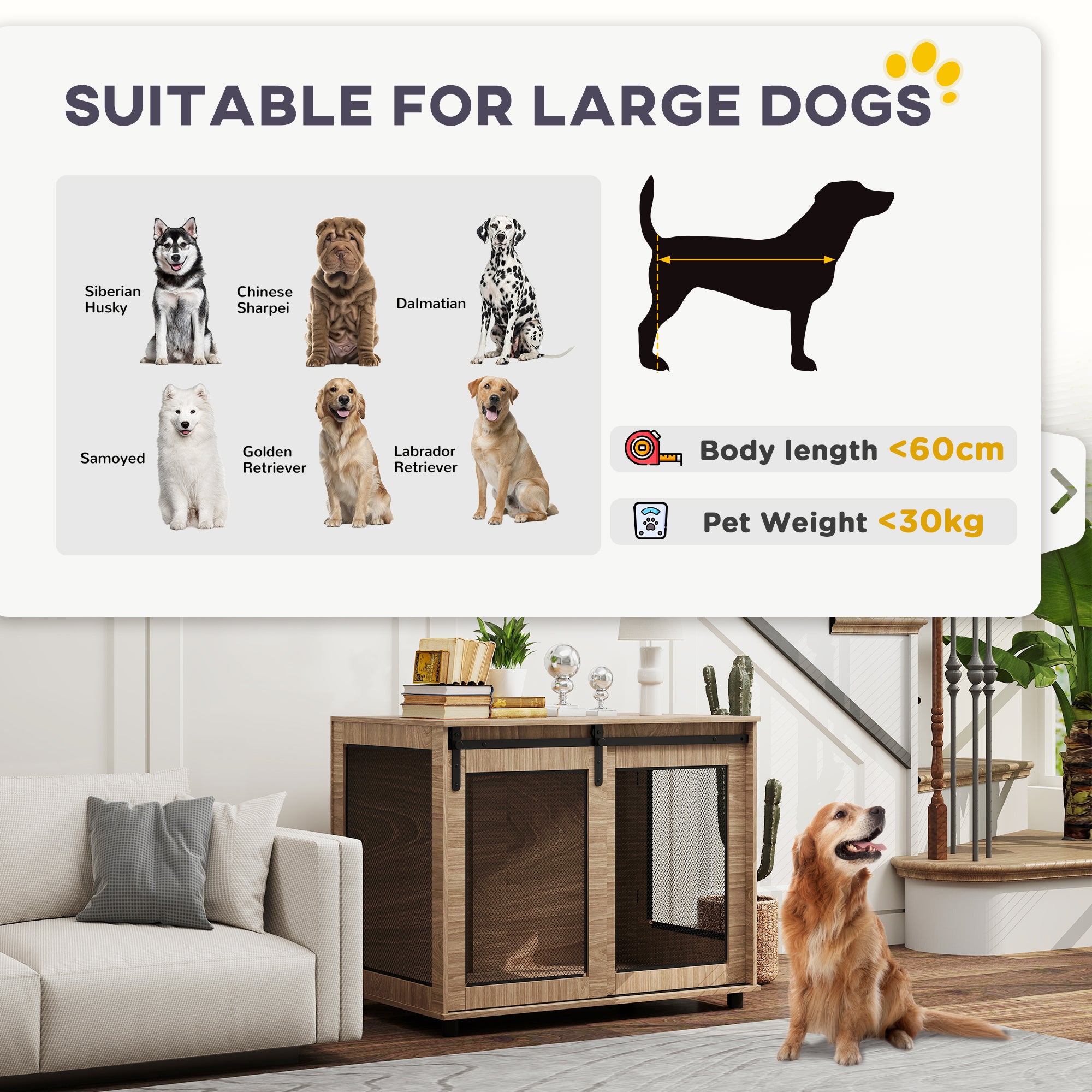 Dog Crate Furniture, Dog Cage End Table with Sliding Door, Pet Kennel for Large Breeds, 98 x 60 x 78cm, Walnut Brown