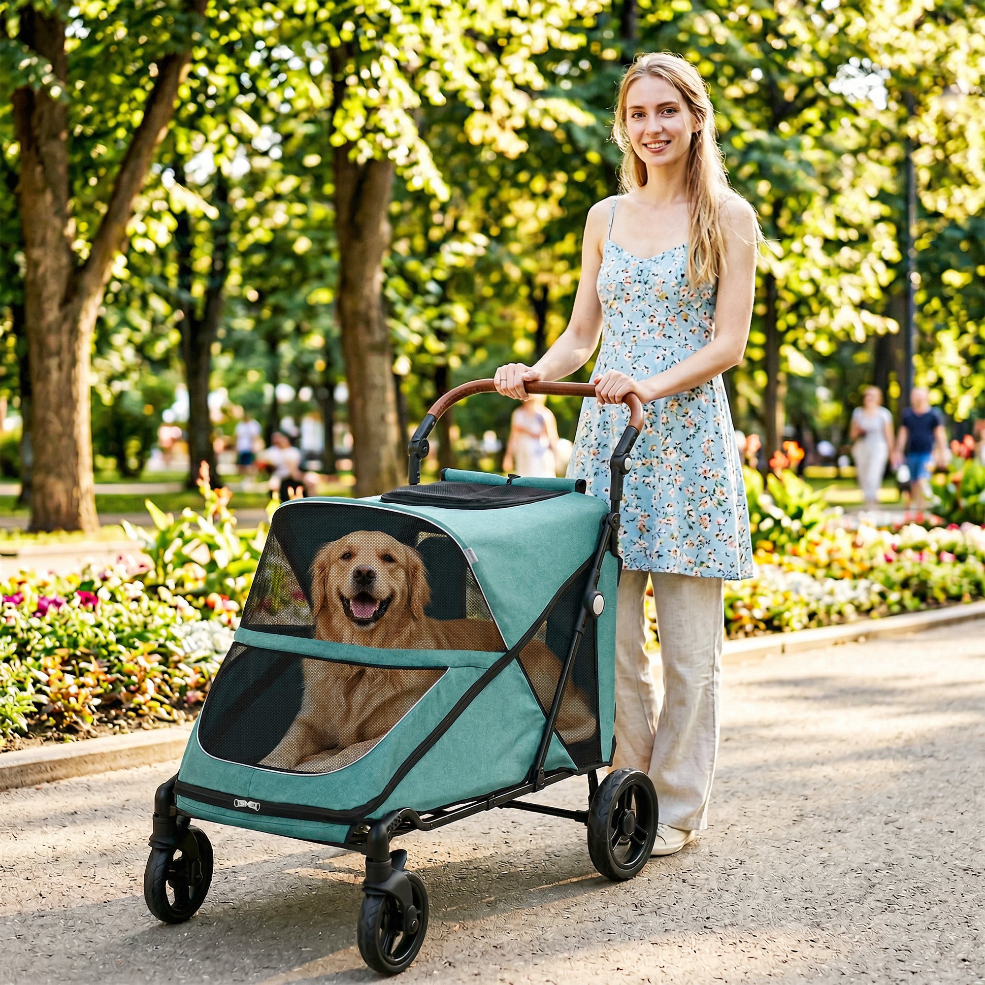 Dog Stroller for Large Dogs, One-Click Folding 4 Wheel Large Pet Stroller Wagon for Multiple Pets, All Terrain Spring Suspension w/ 8-Position Adjustable Handle, Mesh Window, Up to 88 LBS, Blue