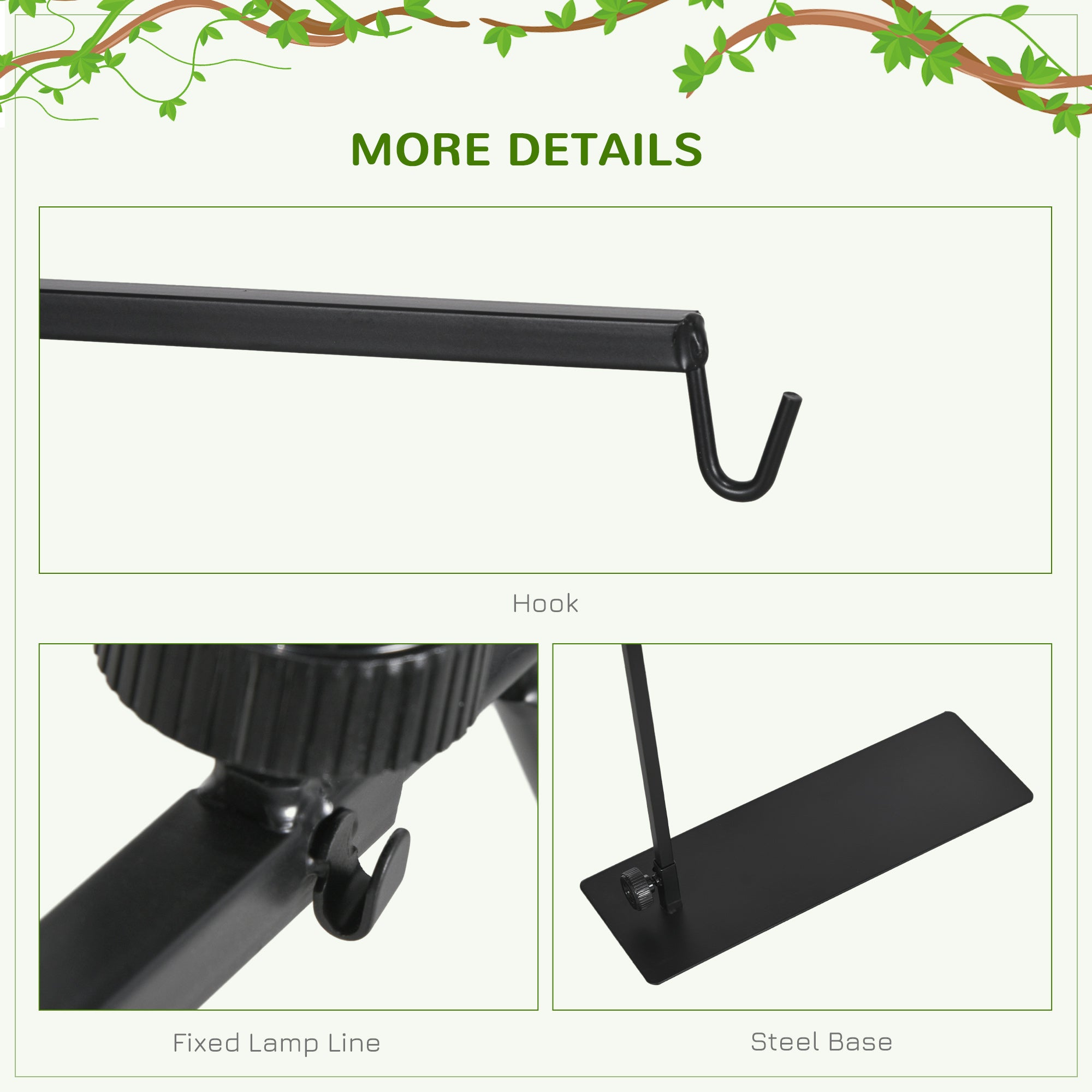 Reptile Lamp Stand, Adjustable Height and Width Heat Lamp for Reptile Amphibian Terrariums, Light Stand with Hook Hanging Steel Base, 86-129Hcm, 42-50Wcm - Black