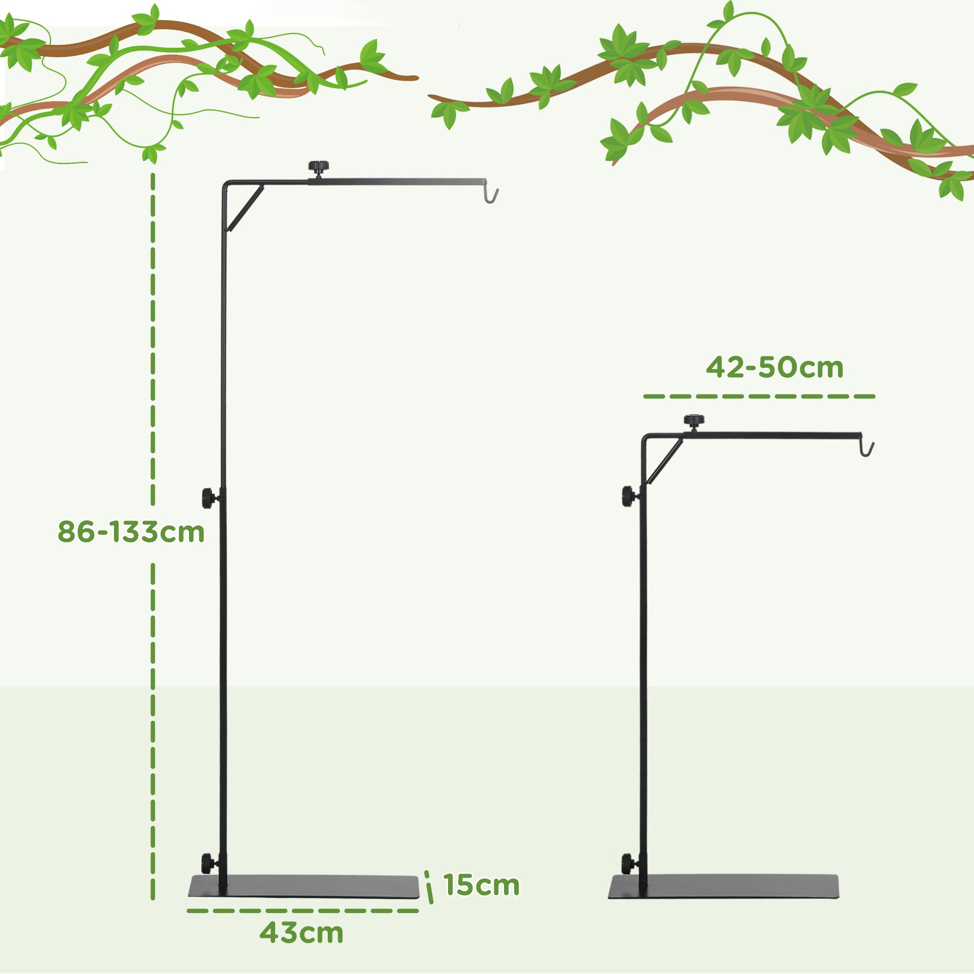 Reptile Lamp Stand, Adjustable Height and Width Heat Lamp for Reptile Amphibian Terrariums, Light Stand with Hook Hanging Steel Base, 86-129Hcm, 42-50Wcm - Black