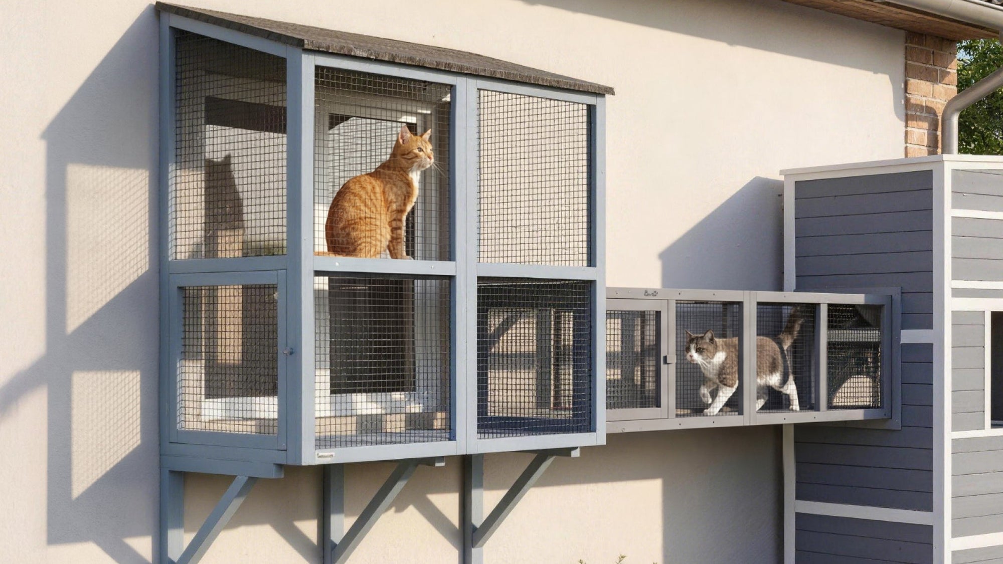 Catios (cat patios) attached to a house with cats using them, surrounded by trees and sunlight.