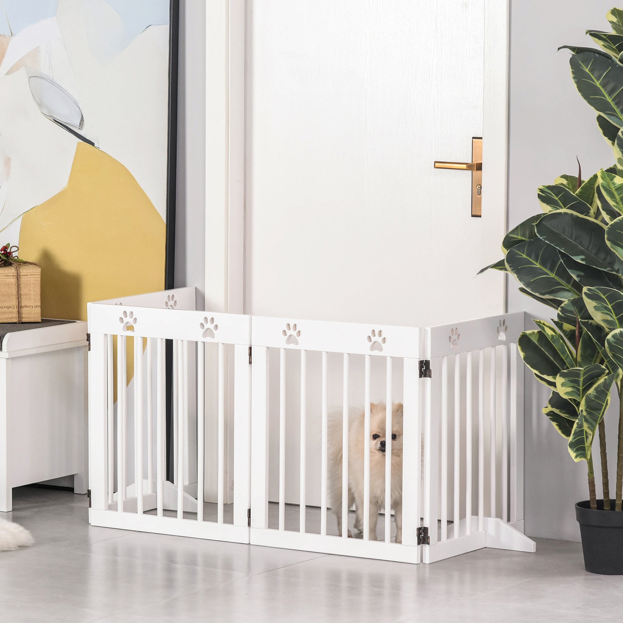 Freestanding Pet Gate 4 Panel Wooden Dog Barrier Folding Safety Fence with Support Feet up to 204cm Long 61cm Tall for Doorway Stairs White