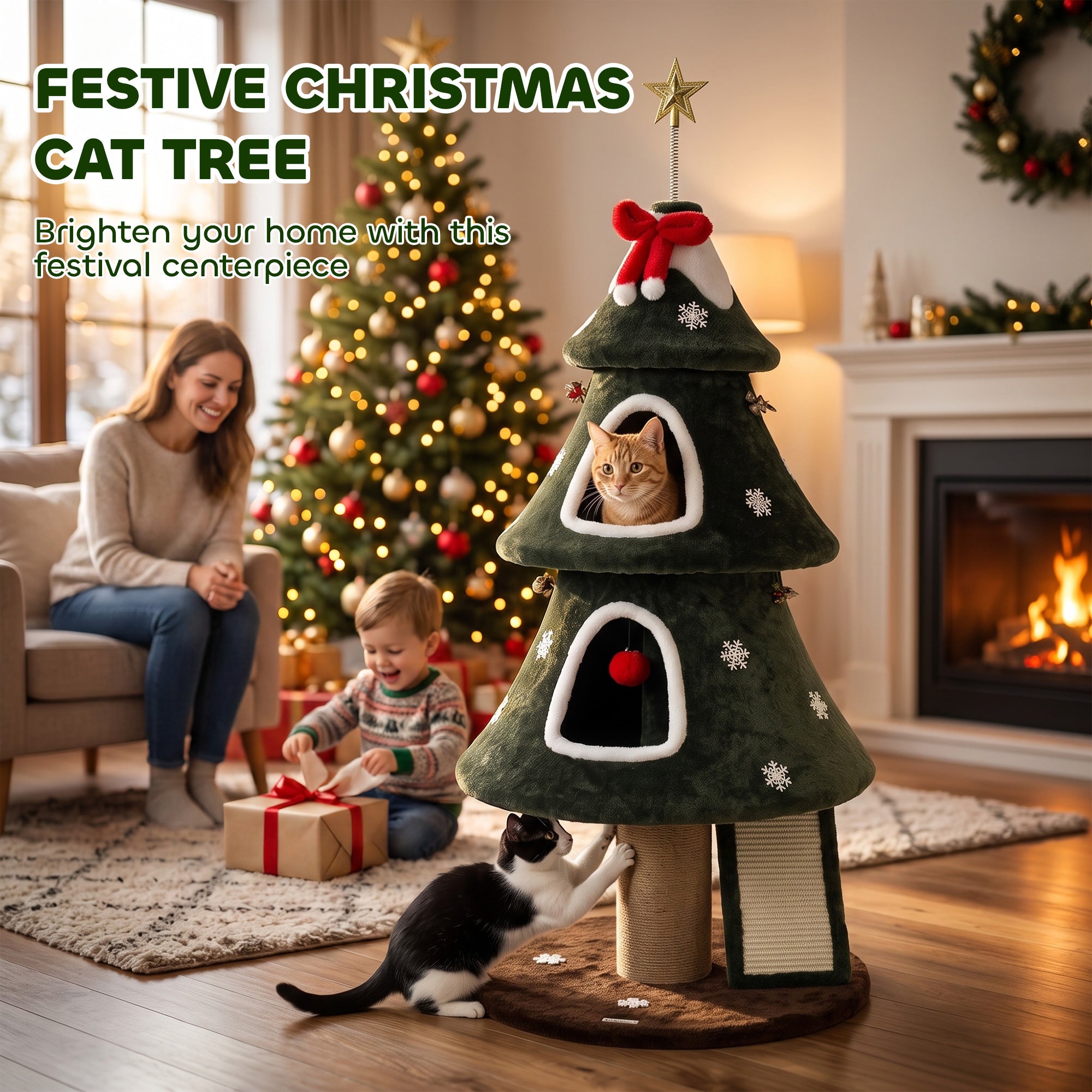 52" Christmas Cat Tree, 2-Tier Cat Tower with Dual Condos, Scratching Posts, Sisal Ladder, Anti-Tip Rope, Hanging Balls, Kitten Furniture for Indoor Cats, Green