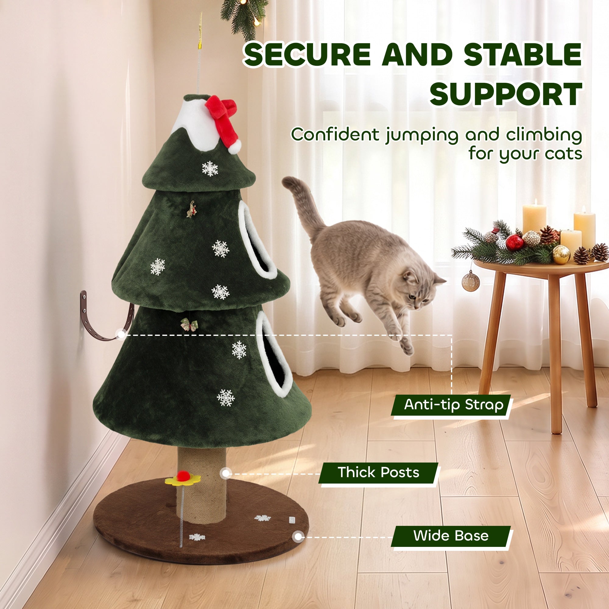52" Christmas Cat Tree, 2-Tier Cat Tower with Dual Condos, Scratching Posts, Sisal Ladder, Anti-Tip Rope, Hanging Balls, Kitten Furniture for Indoor Cats, Green