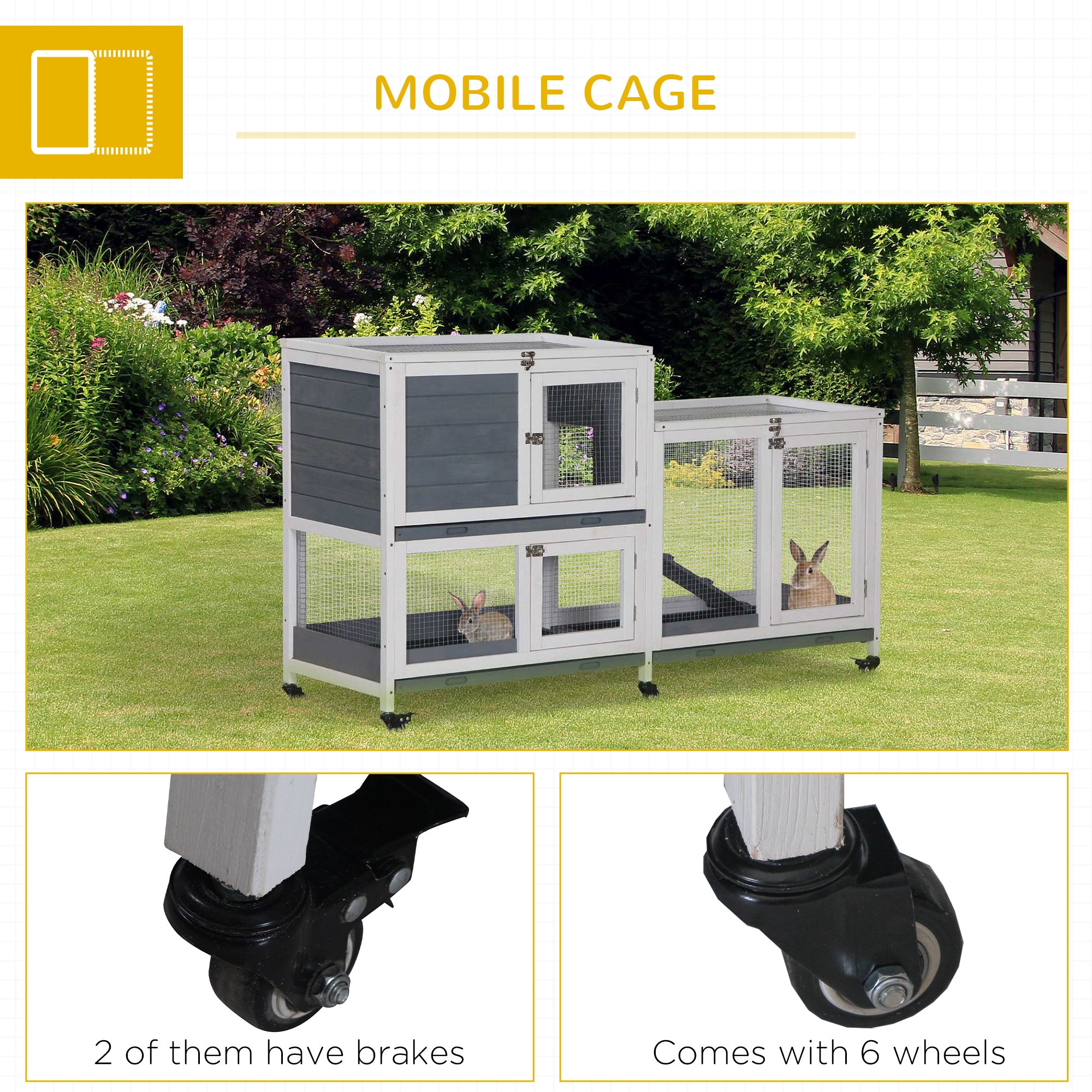 Wooden Rabbit Hutch Bunny Hutch Elevated Pet House Cage Small Animal Habitat with No Leak Tray Lockable Door Openable Top for Rabbits, Chickens, Ducks, Indoor 57.75" x 18" x 32.5" Gray