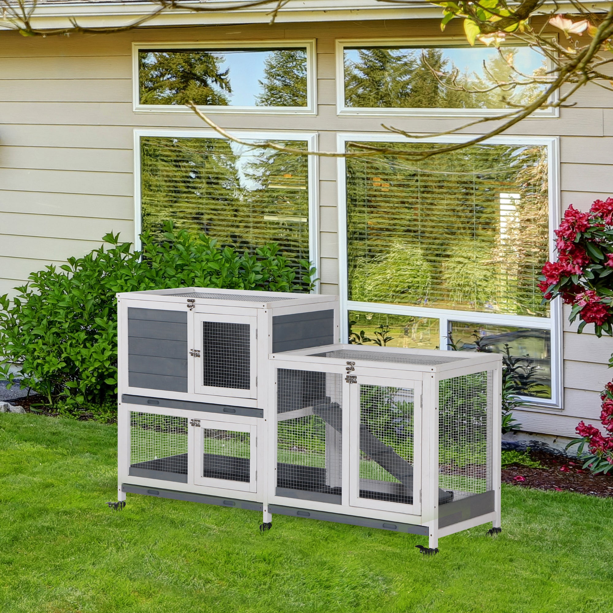 Wooden Rabbit Hutch Bunny Hutch Elevated Pet House Cage Small Animal Habitat with No Leak Tray Lockable Door Openable Top for Rabbits, Chickens, Ducks, Indoor 57.75" x 18" x 32.5" Gray