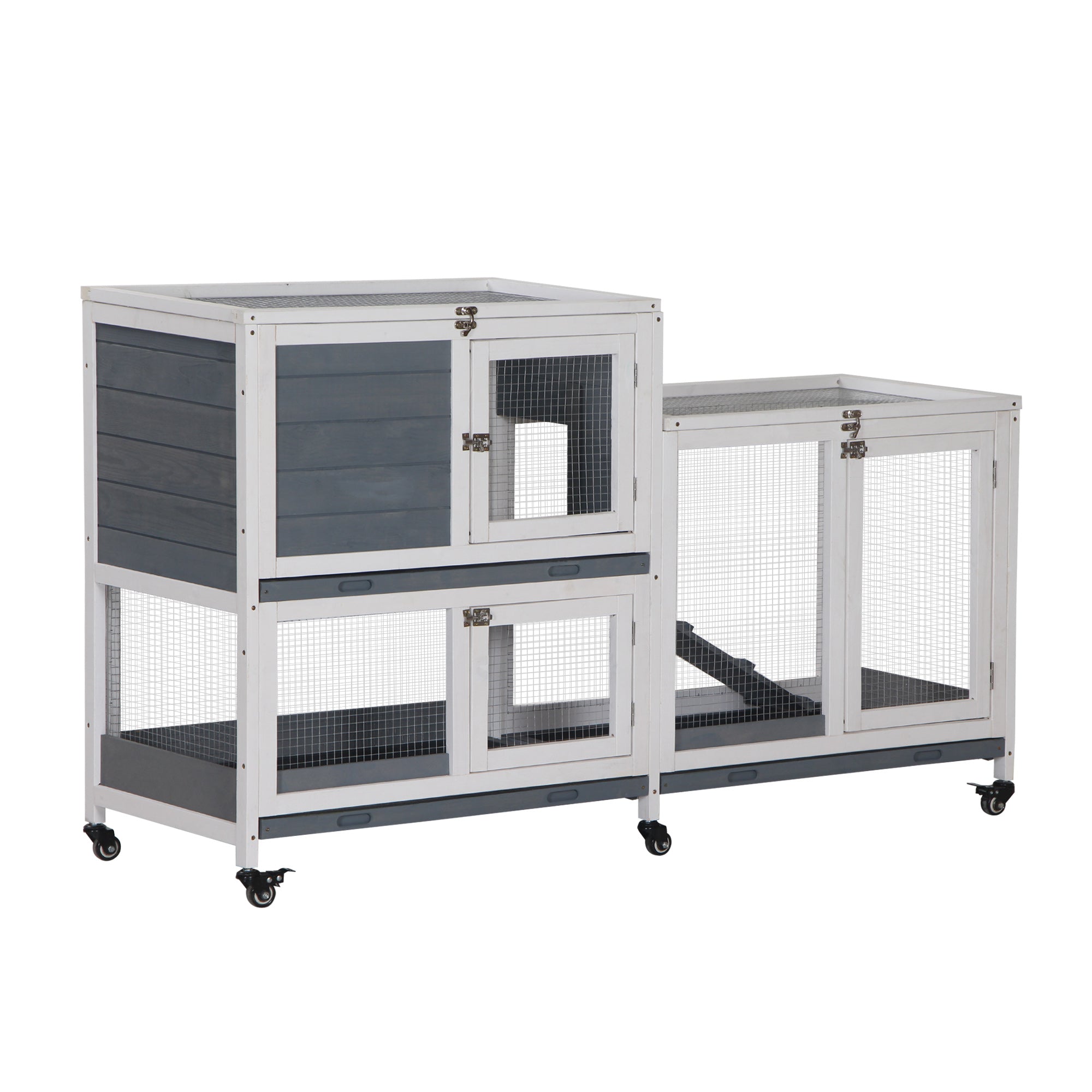 Wooden Rabbit Hutch Bunny Hutch Elevated Pet House Cage Small Animal Habitat with No Leak Tray Lockable Door Openable Top for Rabbits, Chickens, Ducks, Indoor 57.75" x 18" x 32.5" Gray