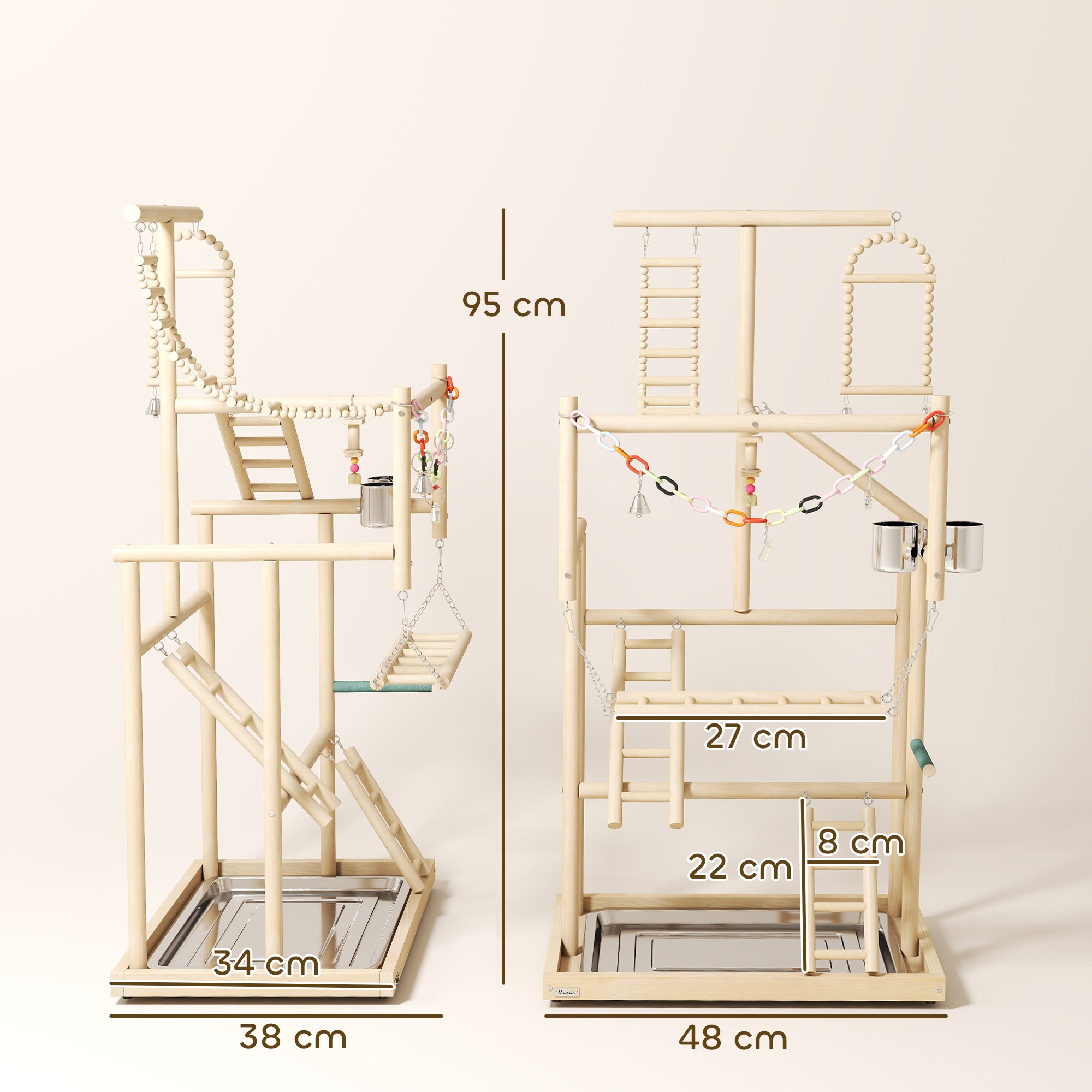 Parrot Play Stand, 95 cm Wooden Bird Playground with Ladders, Chain Toy, Stainless Steel Cups and Tray, Bird Cage Accessories for Parakeets, Cockatiels, Finches, Lovebirds, Budgie