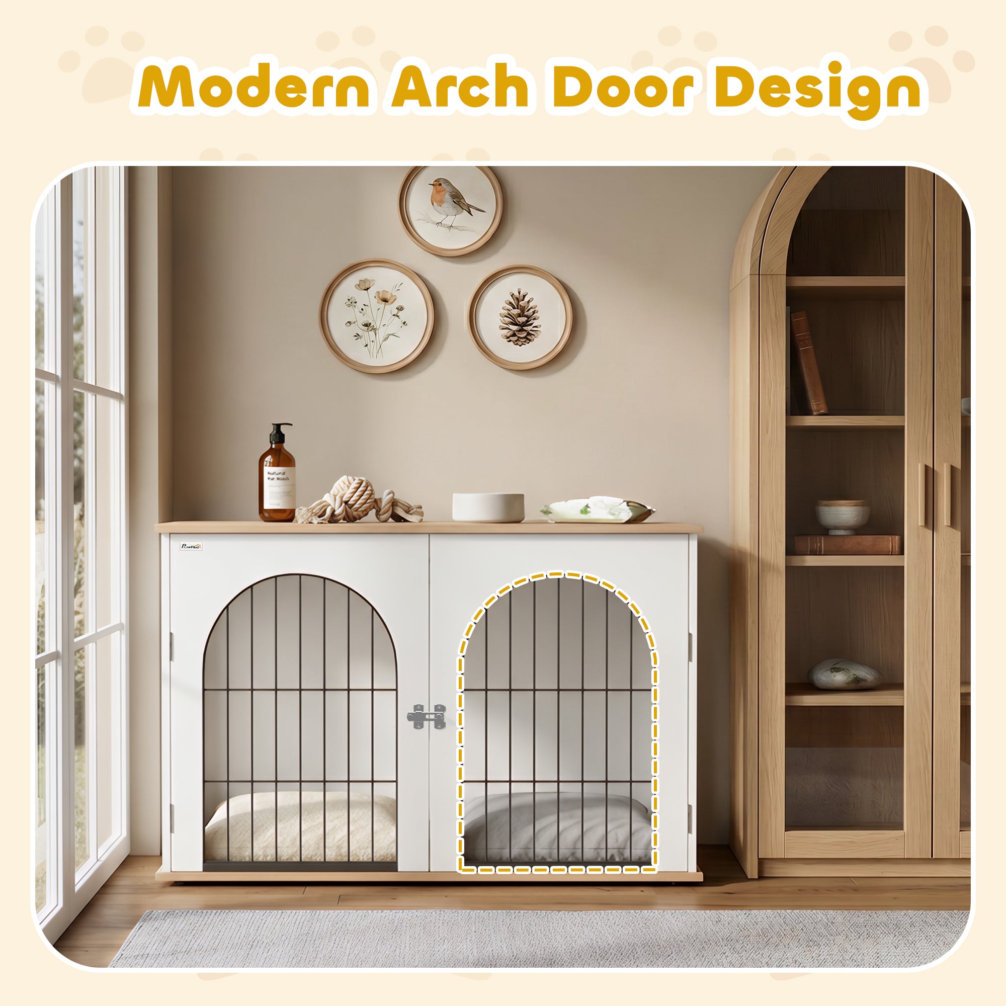 Dog Crate Furniture, Indoor Dog Cage with Double Doors for Large Breeds, Pet Kennel End Side Table with Arched Door Design, 100 x 60 x 69 cm, White