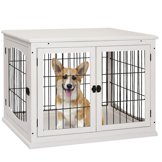 32" Wooden Dog Crate Furniture Dog Cage, Modern Side Table Pet Kennel with Double Lockable Door, 32" L x 23" W x 26" H, White