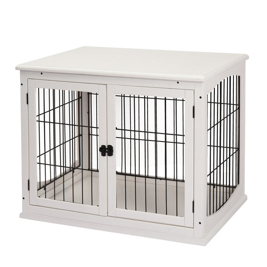 32" Wooden Dog Crate Furniture Dog Cage, Modern Side Table Pet Kennel with Double Lockable Door, 32" L x 23" W x 26" H, White