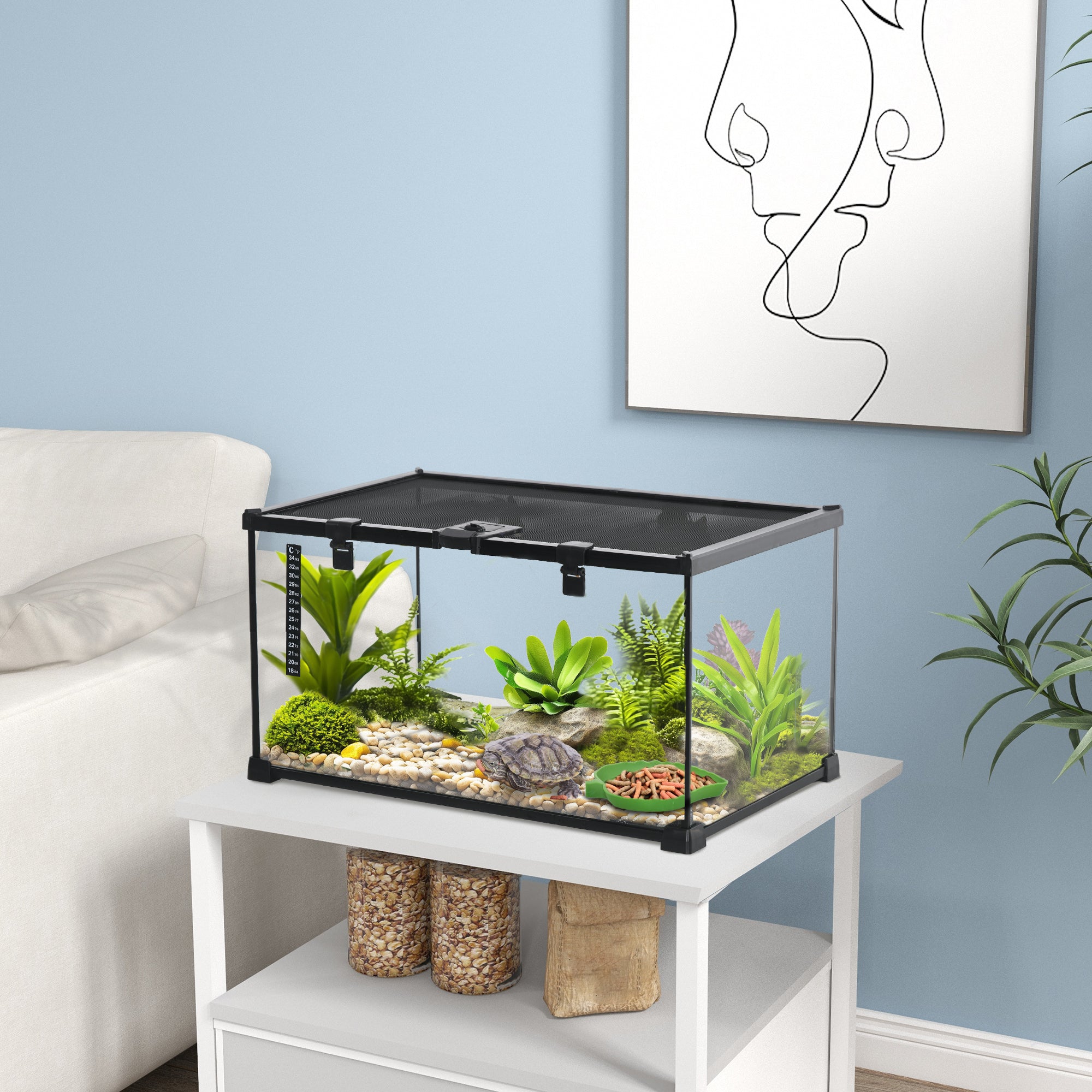 Glass Reptile Terrarium, Jumping Spider Enclosure with Thermometer, Water Basin, Full View Visually for Lizards, Horned Frogs, Snakes, Spiders - Black