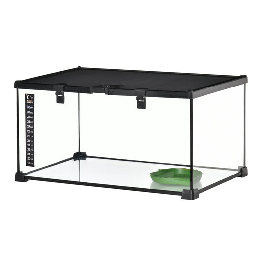 Glass Reptile Terrarium, Jumping Spider Enclosure with Thermometer, Water Basin, Full View Visually for Lizards, Horned Frogs, Snakes, Spiders - Black
