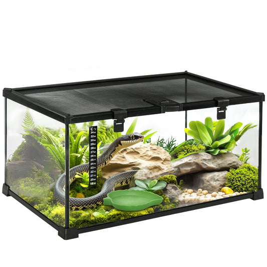 Glass Reptile Terrarium, Jumping Spider Enclosure with Thermometer, Water Basin, Full View Visually for Lizards, Horned Frogs, Snakes, Spiders - Black