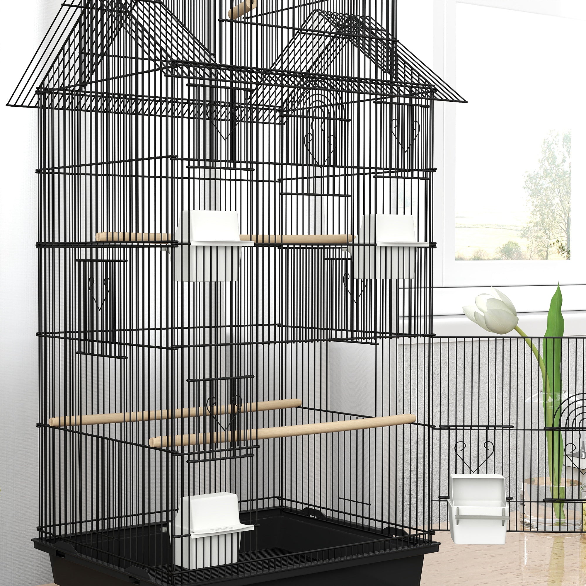 Bird Cage Budgie Cage with Stand Slide Tray Handle for Finch Canary 43 x 32.5 x 163cm Black