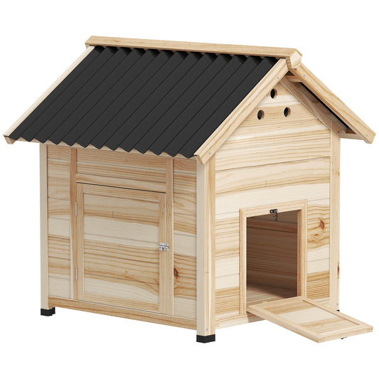 Wooden Duck House, Raised Chicken Coop with Double Doors, Poultry Coop with Openable Roof, Ventilation Holes, Removable Base, Natural Wood Finish