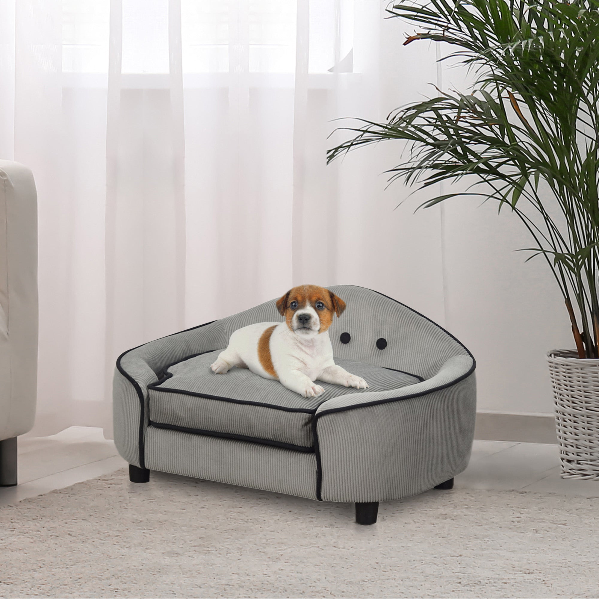 Dog Sofa for XS and S Size Dogs, Pet Chair Bed with Soft Cushion, Cat Sofa  Couch with Washable Cover, Wooden Frame, 66.5 x 45 x 35.5 cm, Grey