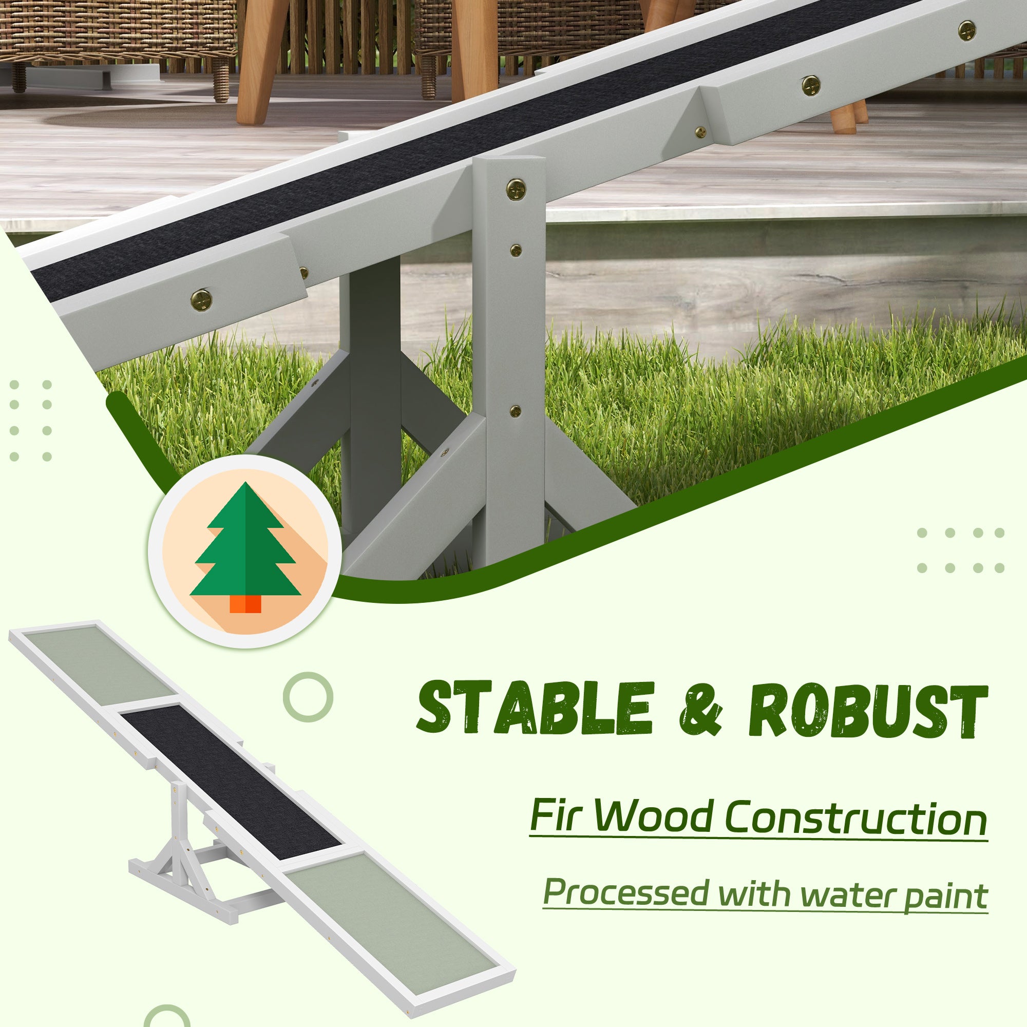 Wooden Pet Seesaw for Big Dogs, Agility Training Equipment for Dogs with Anti-Slip surface, 180 x 30 x 30cm - White