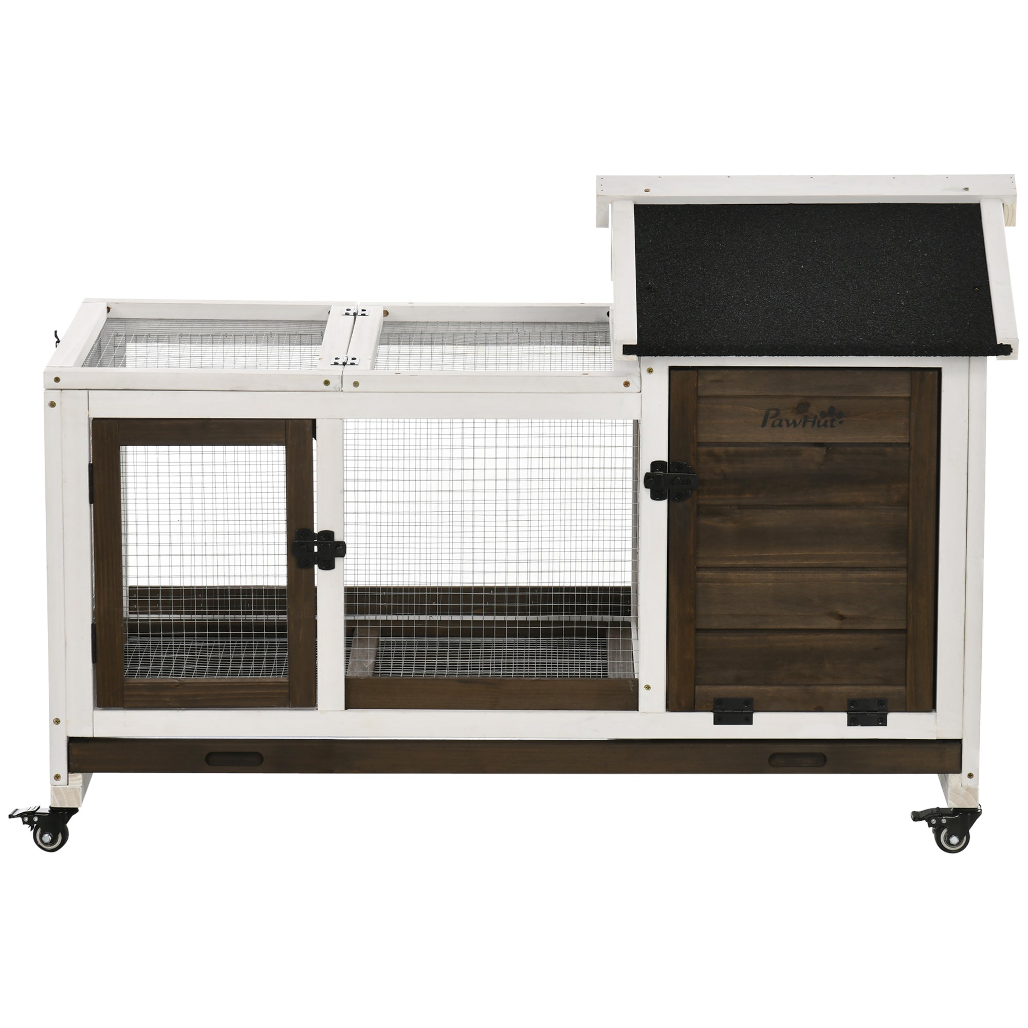 Wooden Rabbit Hutch with Wheels, Guinea Pig Cage, Small Animal House for Outdoor & Indoor with Slide-out Tray, 108 x 58 x 73.5cm, Brown