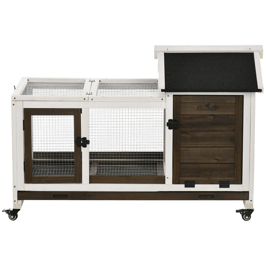 Wooden Rabbit Hutch with Wheels, Guinea Pig Cage, Small Animal House for Outdoor & Indoor with Slide-out Tray, 108 x 58 x 73.5cm, Brown