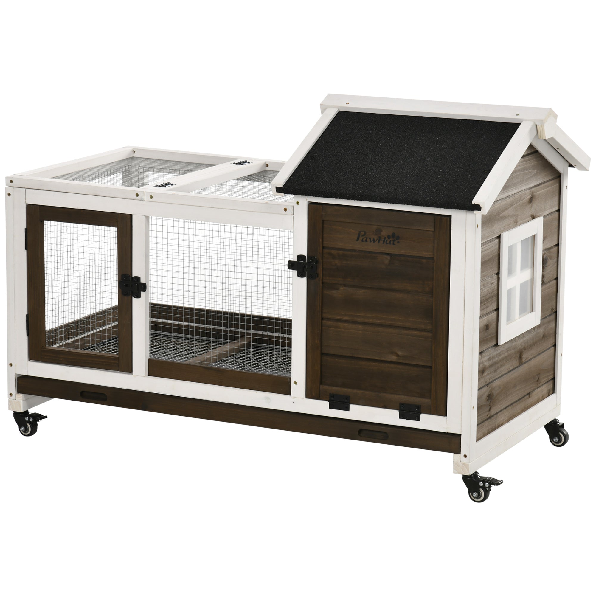 Wooden Rabbit Hutch with Wheels, Guinea Pig Cage, Small Animal House for Outdoor & Indoor with Slide-out Tray, 108 x 58 x 73.5cm, Brown