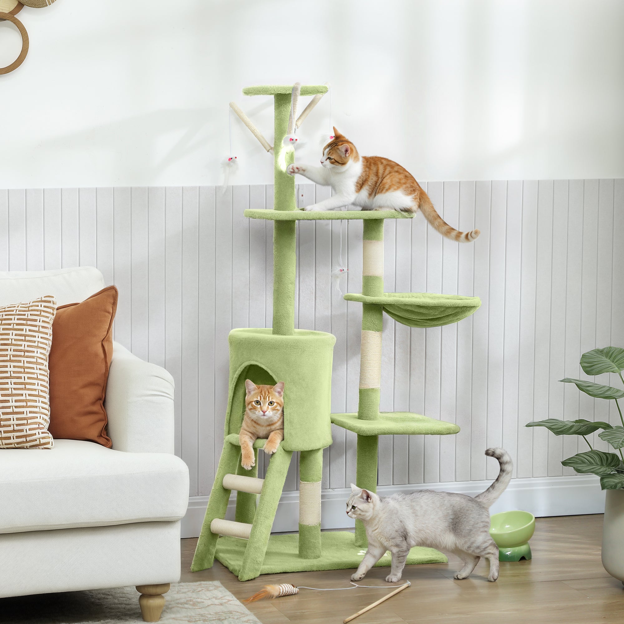 Cat Tree, 53" Cat Tower for Indoor Kittens with Sisal Scratching Posts, Plush Perches, Condo, Hammock, Ladder, Dangling Toys, Multi-Level Kitty Activity Centre, Green