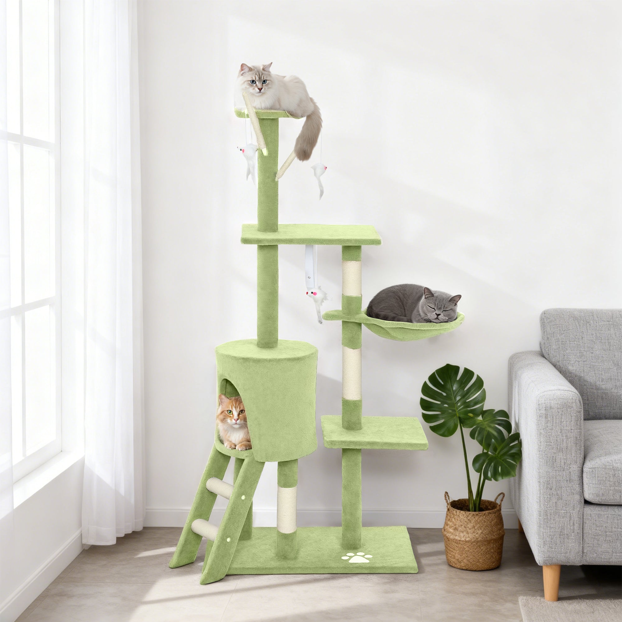 Cat Tree, 53" Cat Tower for Indoor Kittens with Sisal Scratching Posts, Plush Perches, Condo, Hammock, Ladder, Dangling Toys, Multi-Level Kitty Activity Centre, Green