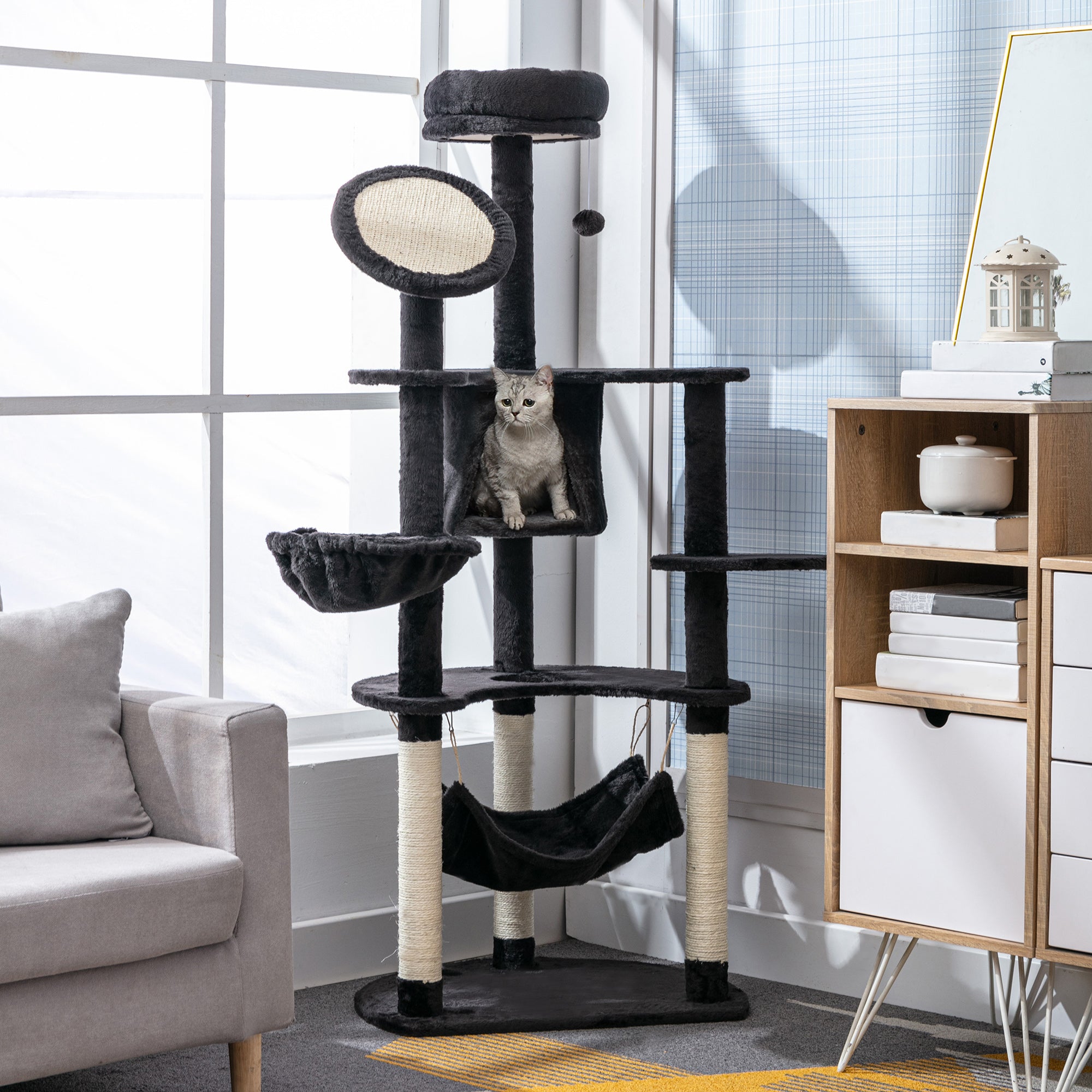 60 Inch Cat Tree for Large Cats Adult, Tall Cat Tower with Scratching Posts and 2 Hammocks, Multi-Level Plush Kitten Condo for Indoor Cats with Dangling Balls, Dark Grey