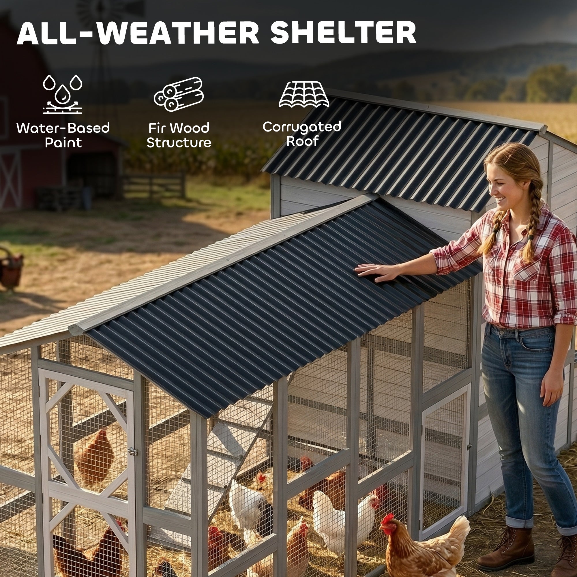 147" Extra Large Chicken Coop, Wooden Hen House for 8-10 Hens, Outdoor Chicken House Poultry Hutch with Run, Pull-Out Tray, Nesting Box, Ventilated Windows, Ramp for Rabbit Duck, Gray