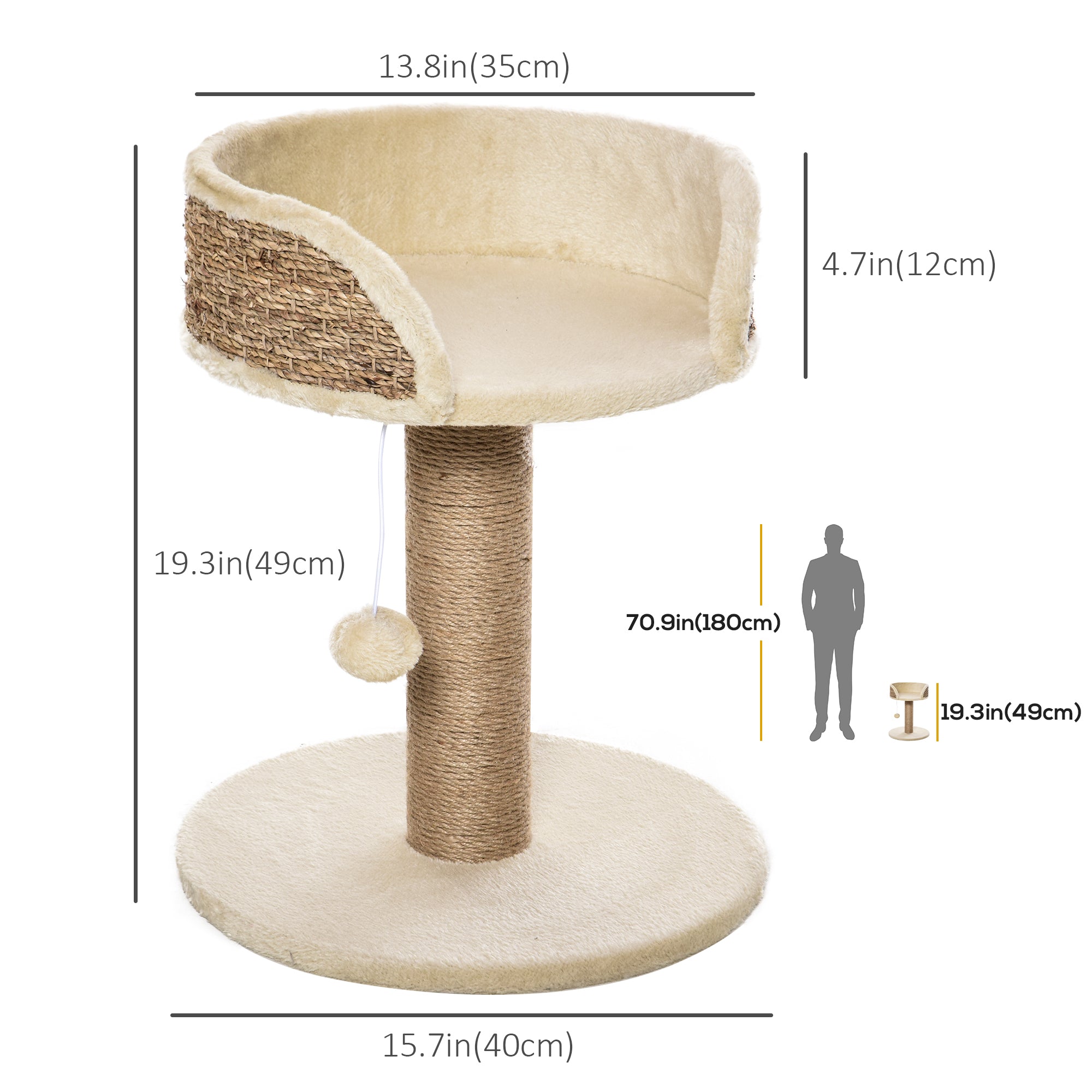 Small Cat Tree with Scratching Post, Perch, Toy Ball, Cat Tower for Indoor Cats - 16" x 16" x 19", Beige