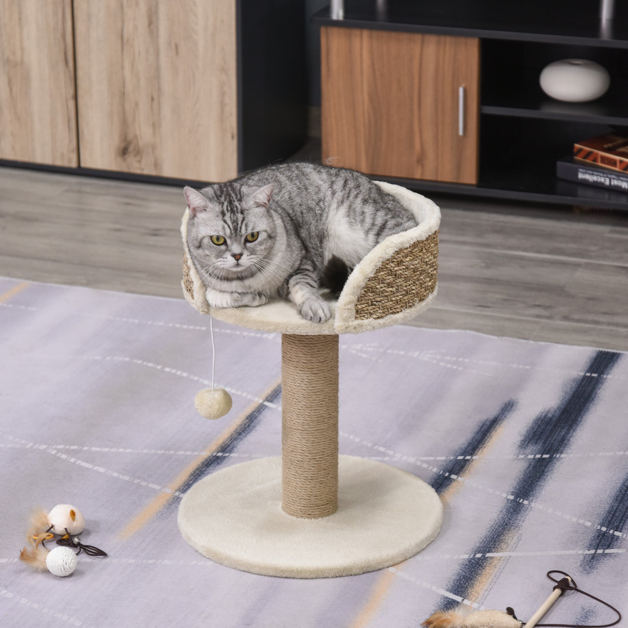 Small Cat Tree with Scratching Post, Perch, Toy Ball, Cat Tower for Indoor Cats - 16" x 16" x 19", Beige