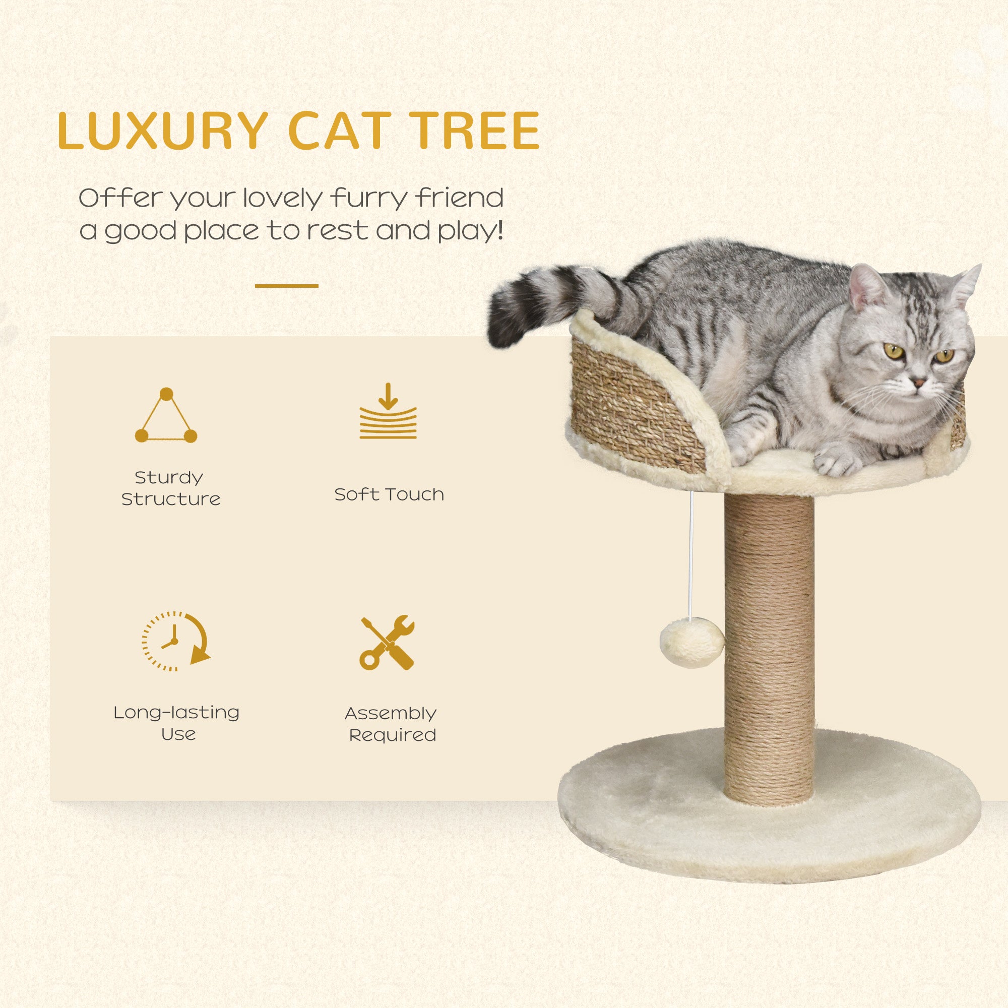 Small Cat Tree with Scratching Post, Perch, Toy Ball, Cat Tower for Indoor Cats - 16" x 16" x 19", Beige
