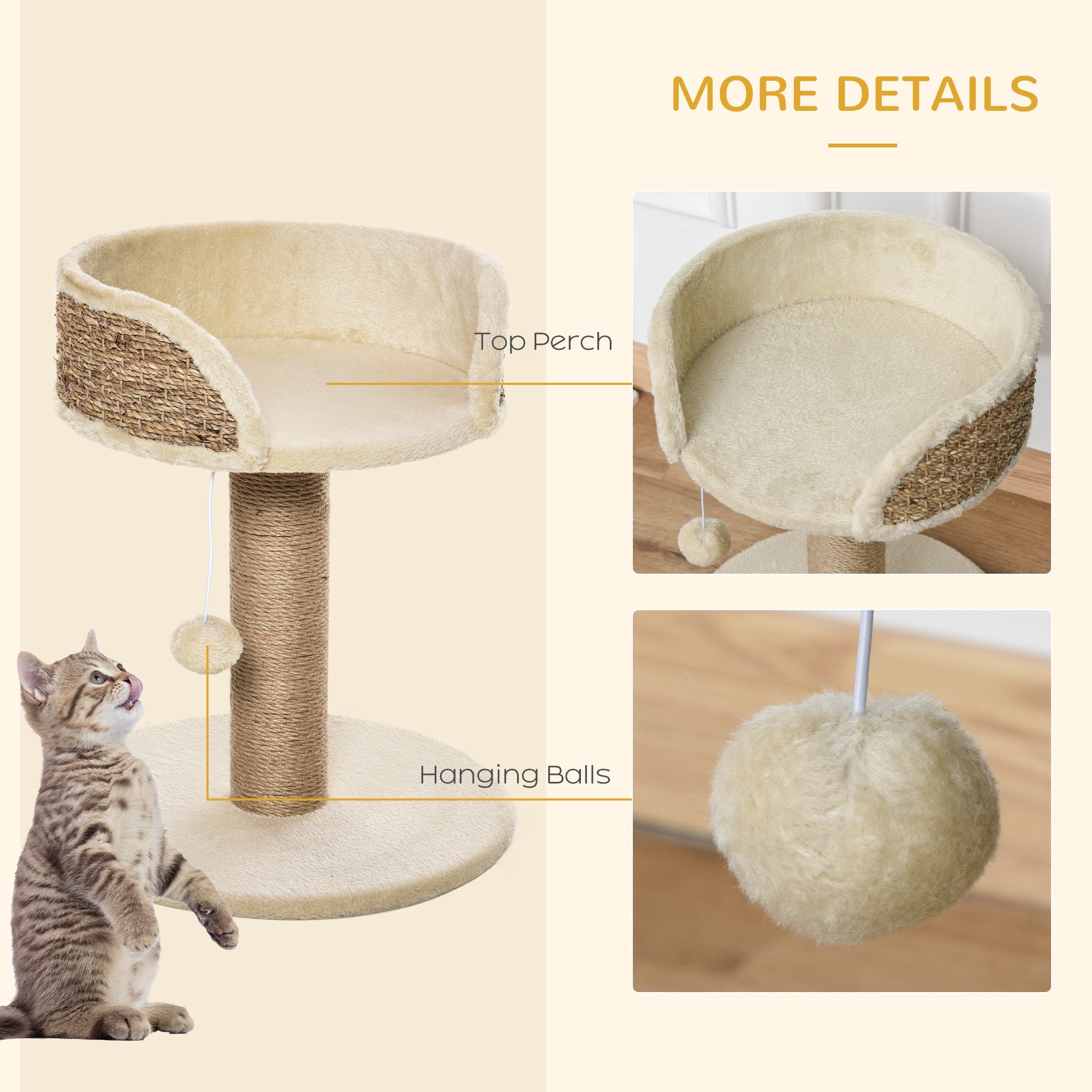Small Cat Tree with Scratching Post, Perch, Toy Ball, Cat Tower for Indoor Cats - 16" x 16" x 19", Beige