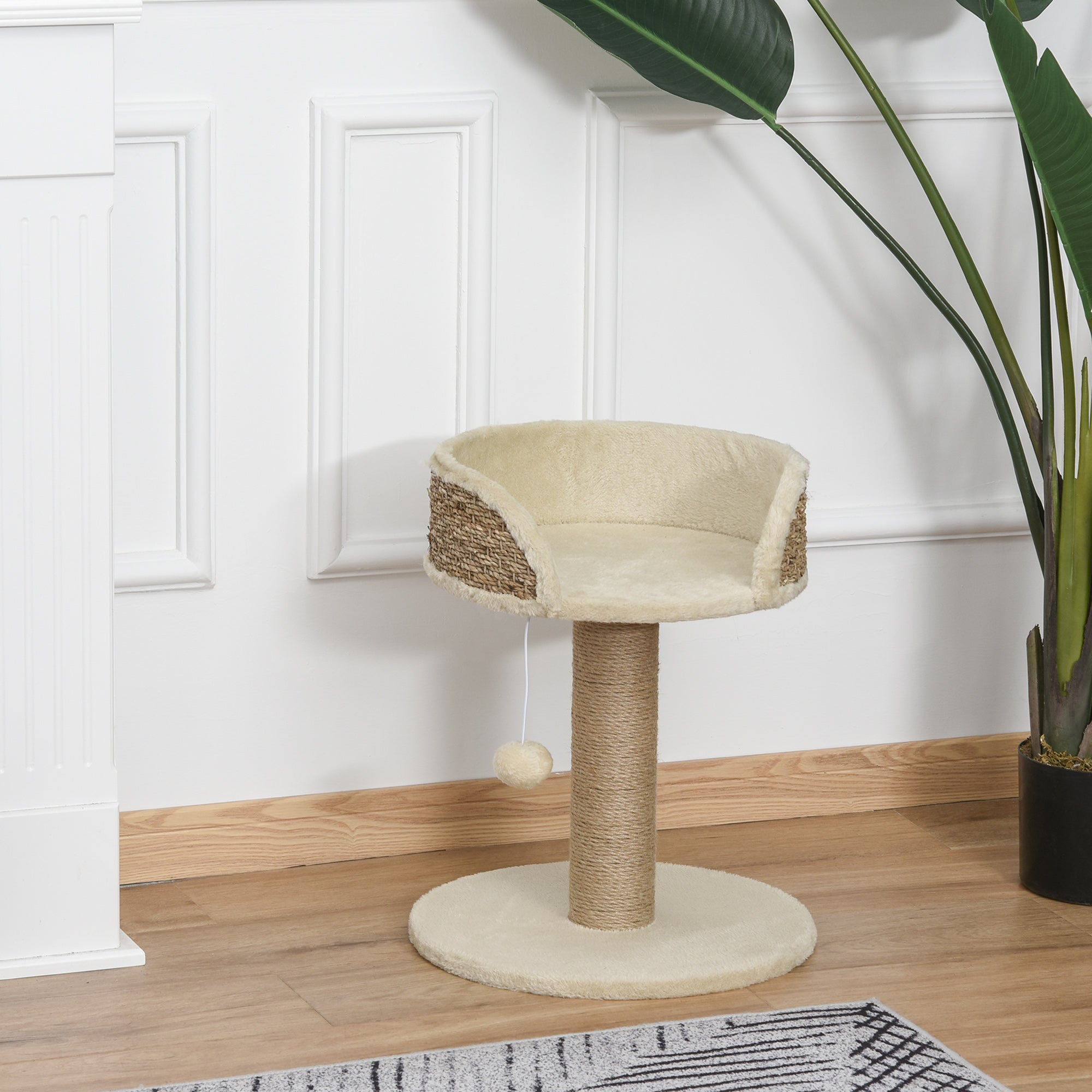 Small Cat Tree with Scratching Post, Perch, Toy Ball, Cat Tower for Indoor Cats - 16" x 16" x 19", Beige