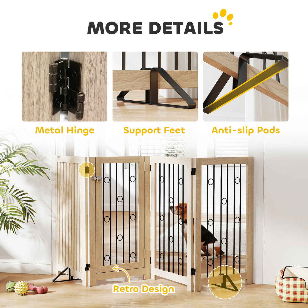 Freestanding Pet Gate, Foldable Dog Gate with Lockable Door, Metal Support Feet & 360° Flexible Hinges, 4 Panel Indoor Dog Barrier for House, Stairs, Doorway, 205 x 30.5 x 91.5 cm, Oak