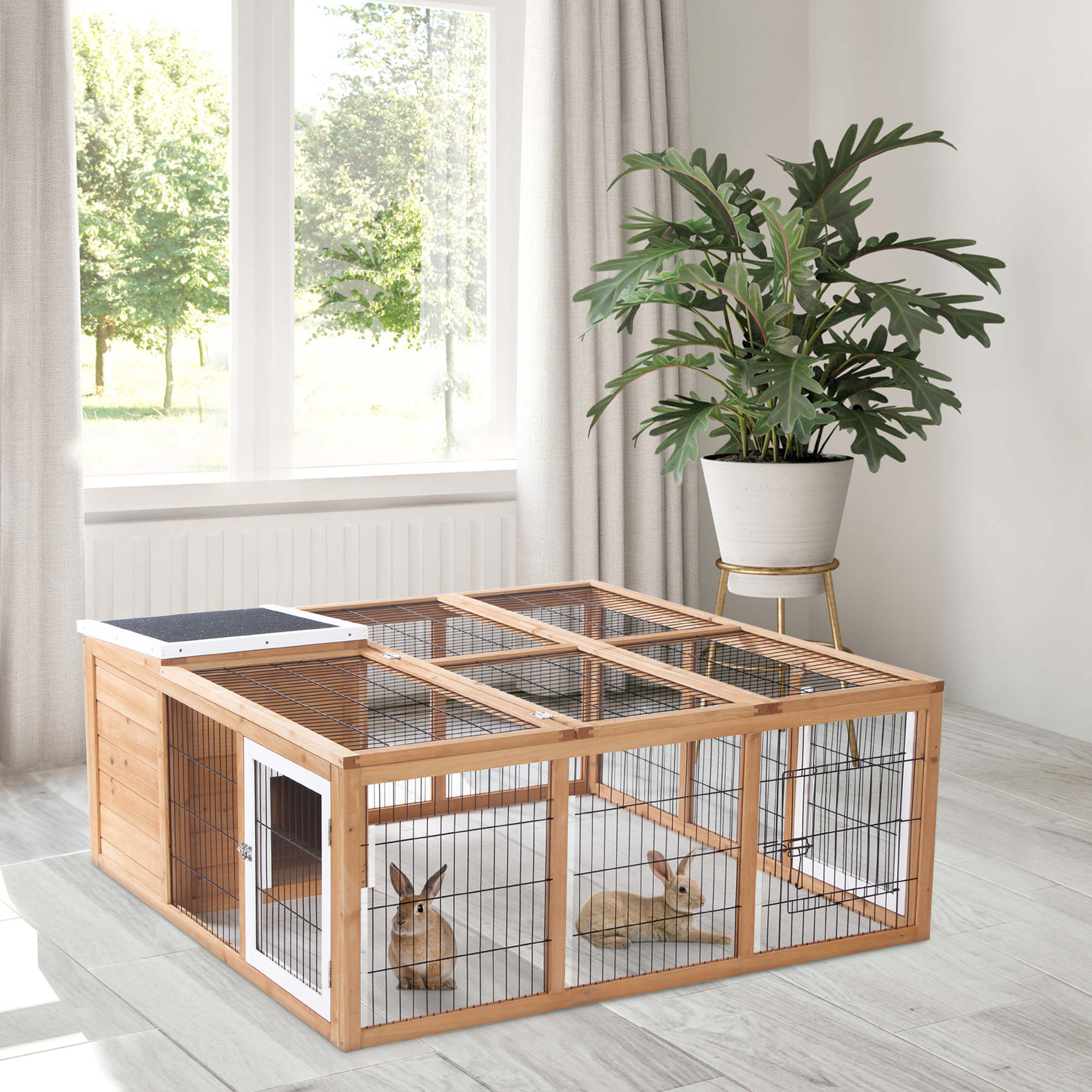 PawHut Rabbit Hutch Bunny Cage with Openable Main House, Indoor Outdoor Waterproof Rabbit House, Guinea Pig Cage for Small Animals with Three Ventilation Doors, Natural