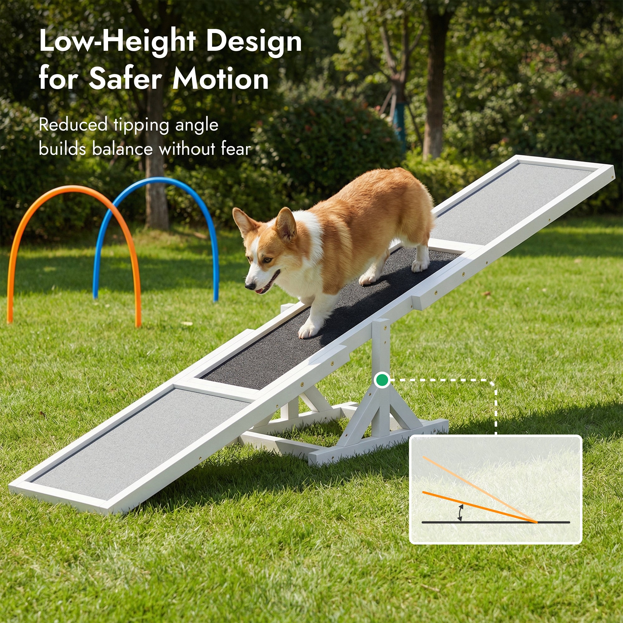 Pupstacle 71" Wooden Dog Agility Seesaw with Anti-Slip Surface White