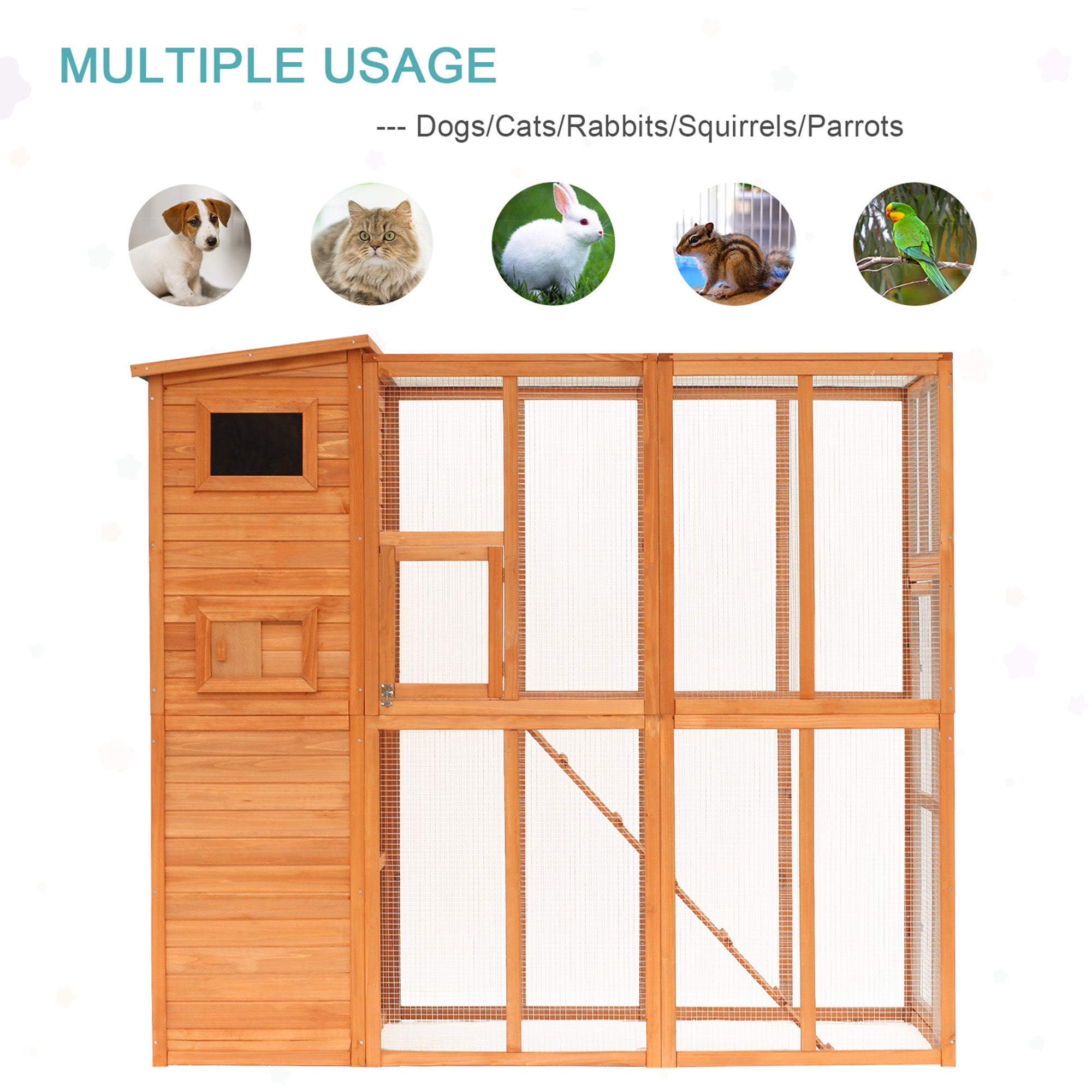 Large Catio Outdoor Cat Enclosure Weatherproof Cat House with Cat Condo, Indoor Wooden Cat Cage Pet Kennel, 77"L x 38"W x 69"H