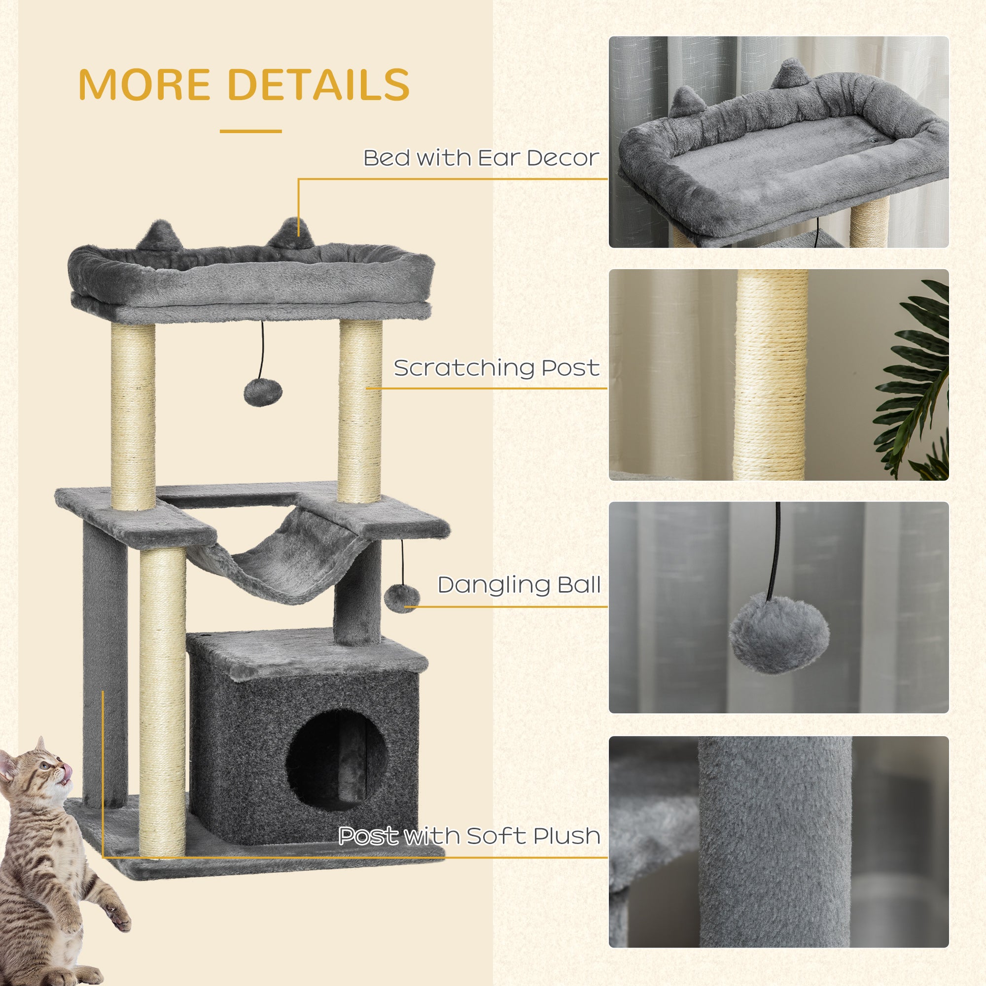 Cat Tree, 90cm Cat Tower with Sisal Scratching Posts, Cat Condo, Hammock, Top Perch and 2 Hanging Toys for Indoor Cats, Grey