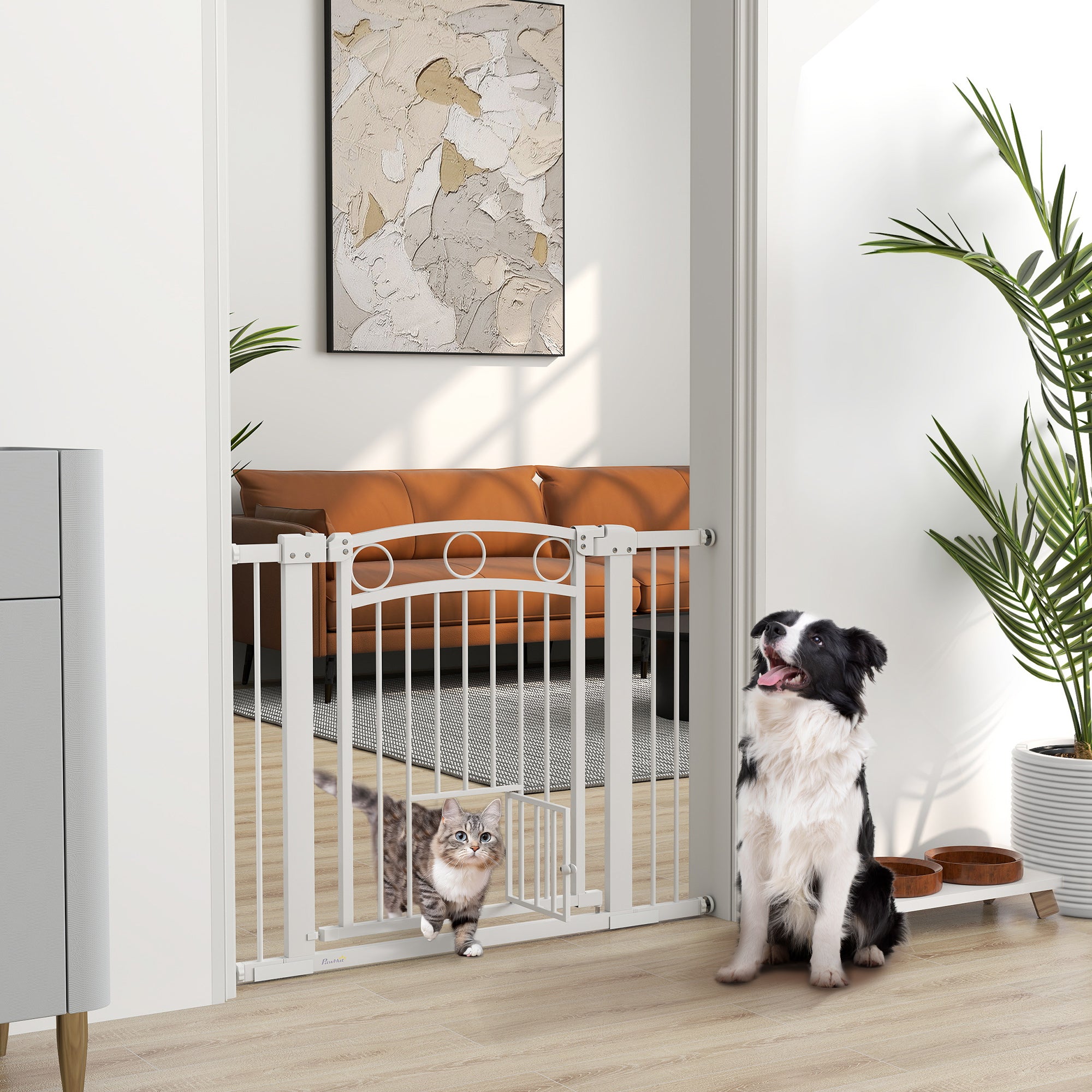 Dog Gate, 30" Extra Tall Pet Gate with Cat Door, Includes 2.8" and 5.5" Extension Kits, Pressure Mounted Stair Gate for Doorways, Hallways, Stairways, 30"-41" Width