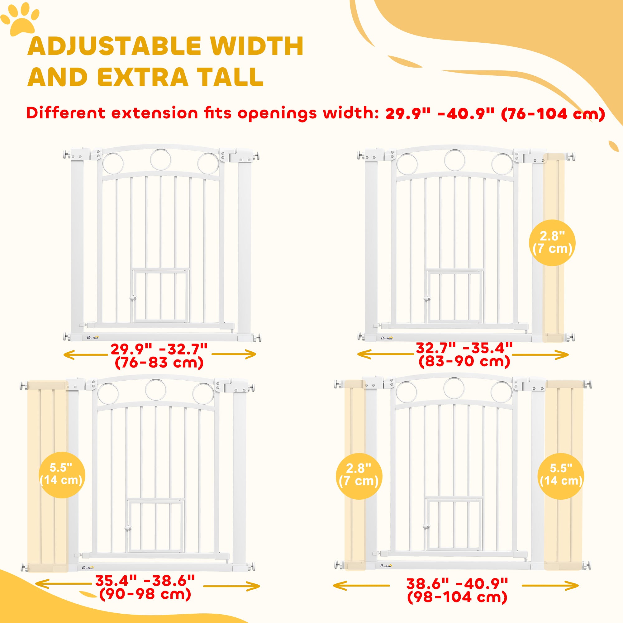 Dog Gate, 30" Extra Tall Pet Gate with Cat Door, Includes 2.8" and 5.5" Extension Kits, Pressure Mounted Stair Gate for Doorways, Hallways, Stairways, 30"-41" Width