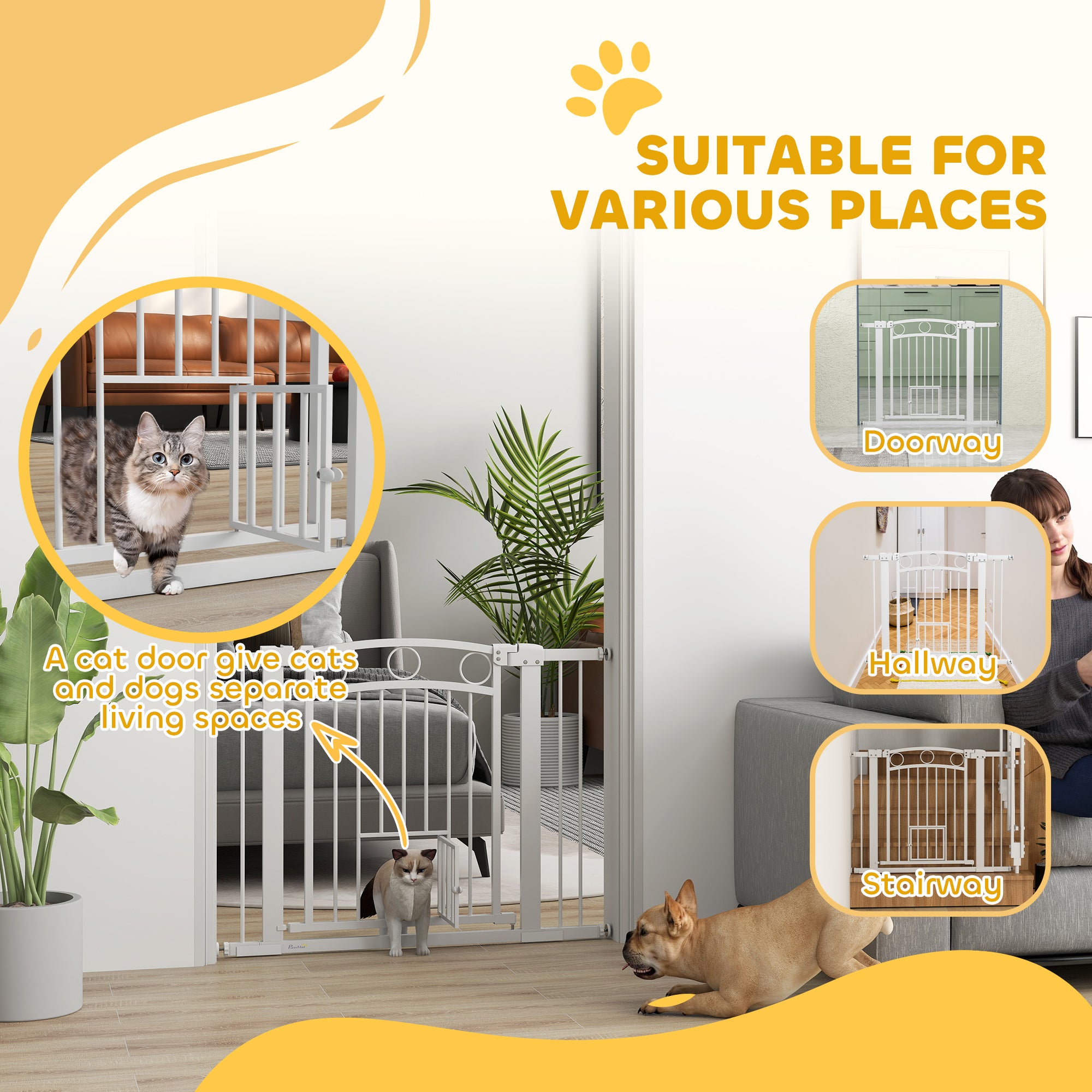 Dog Gate, 30" Extra Tall Pet Gate with Cat Door, Includes 2.8" and 5.5" Extension Kits, Pressure Mounted Stair Gate for Doorways, Hallways, Stairways, 30"-41" Width
