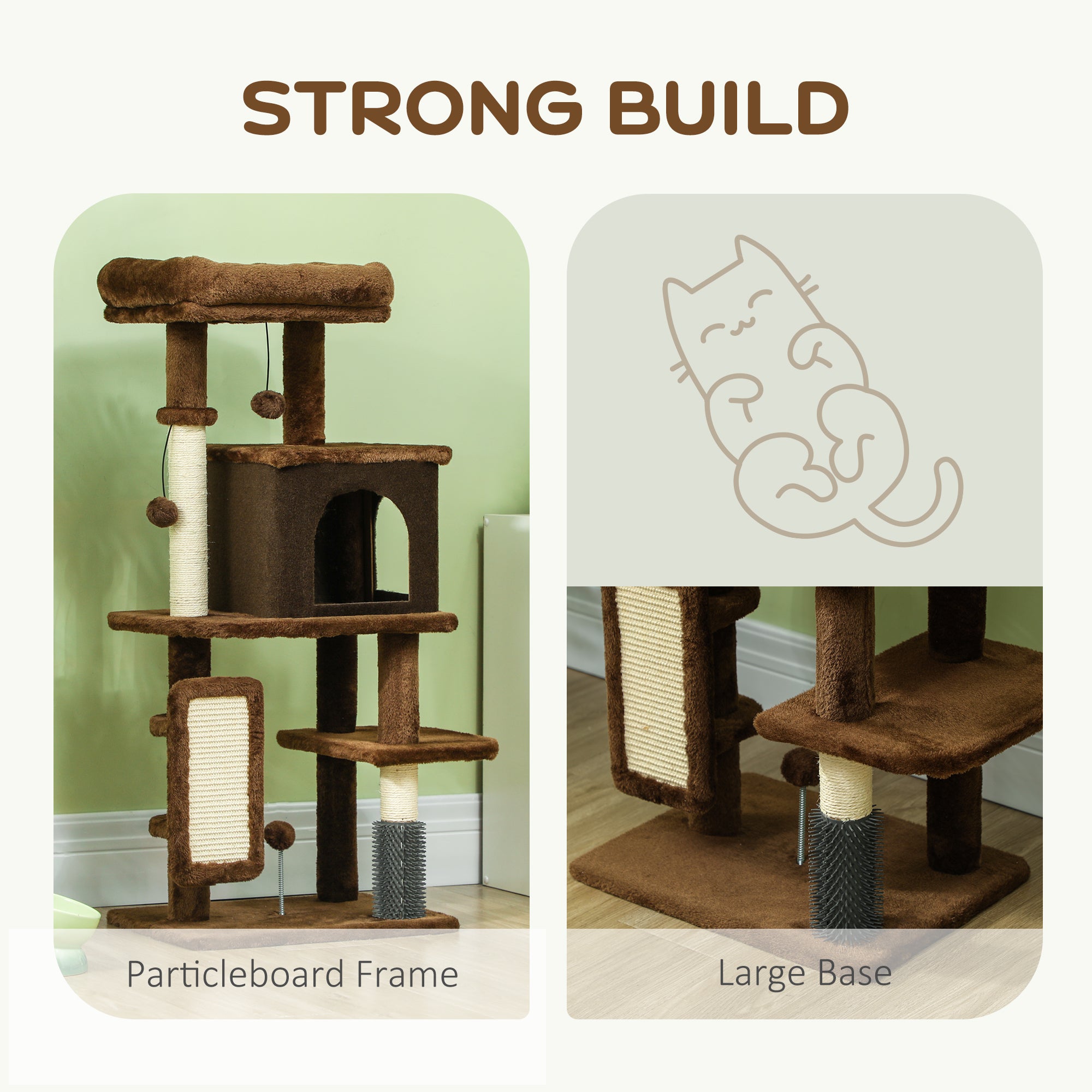 Cat Tree for Large Cat Adults, 41 Inch Cat Tower for Indoor Cats w/ Scratching Posts, Cat Bed, Condo, Grooming Brush, Jumping Platforms, Toy Balls, Anti-tip Kit, Brown