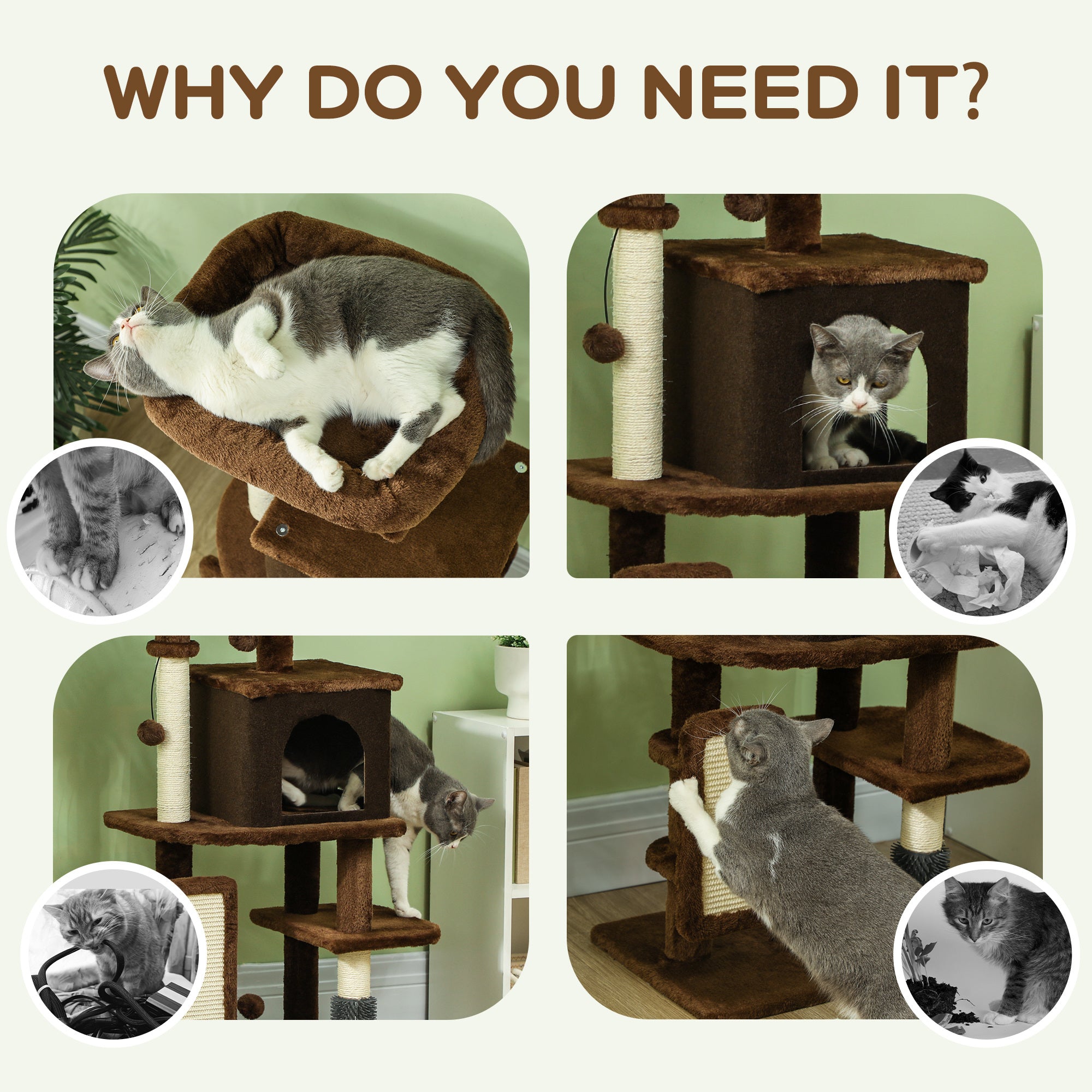 Cat Tree for Large Cat Adults, 41 Inch Cat Tower for Indoor Cats w/ Scratching Posts, Cat Bed, Condo, Grooming Brush, Jumping Platforms, Toy Balls, Anti-tip Kit, Brown