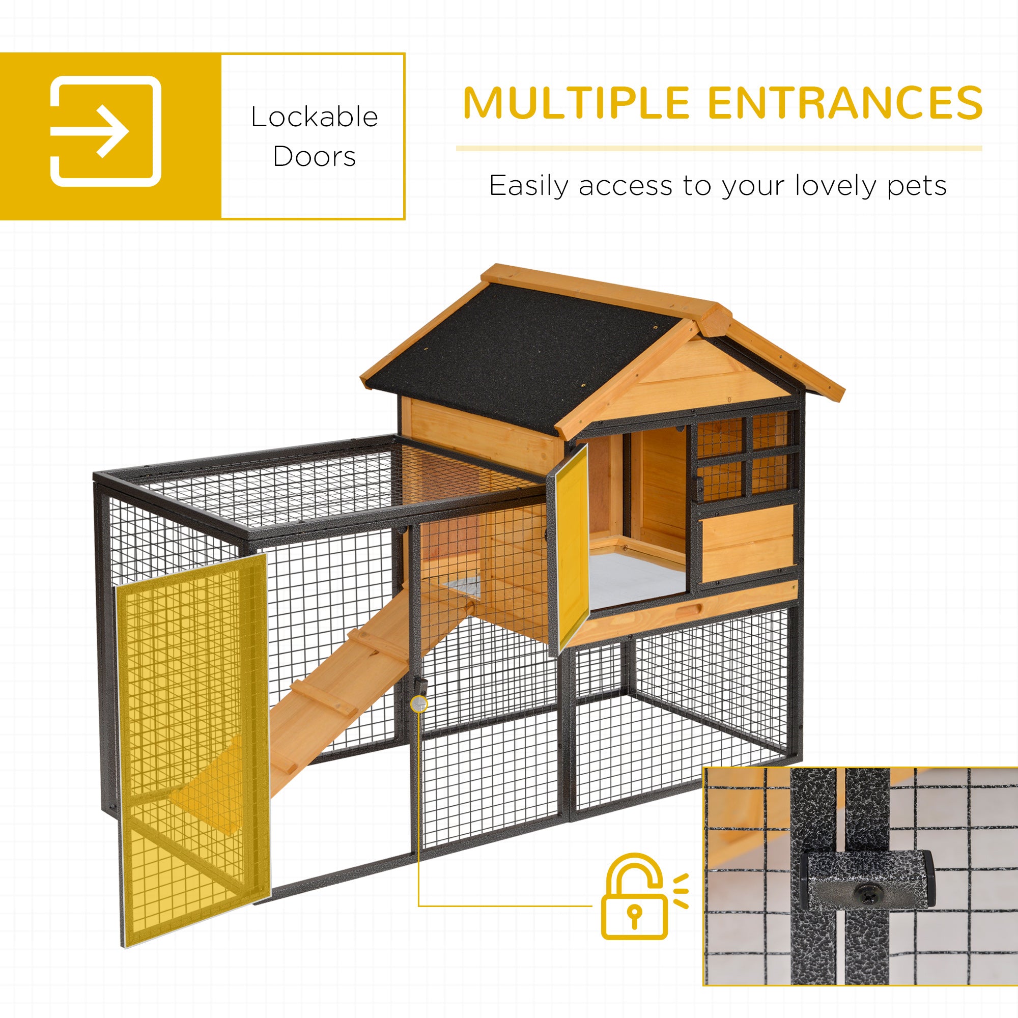 2-Level Rabbit Hutch Bunny House with Weatherproof Asphalt Roof, Removable Tray and Ramp for Rabbits, Chickens, Ducks, Outdoor