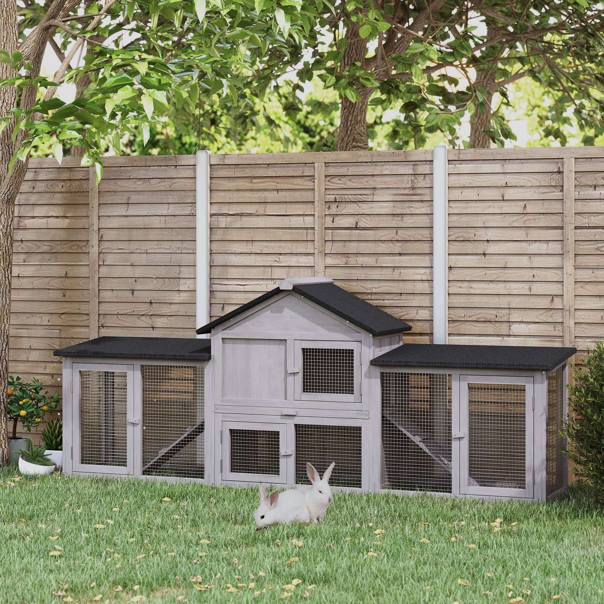 Large Rabbit Hutch Wood Bunny Cage Outdoor Guinea Pig House with Double Runs Slide Out Tray Ramps, 83"x18"x33", Grey