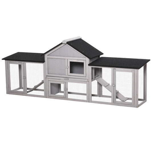 PawHut 83" L Outdoor Rabbit Hutch with Double Runs, Large Guinea Pig Cage Indoor, Wooden Bunny Hutch with Weatherproof Roof, Removable Tray, Ramps, Gray